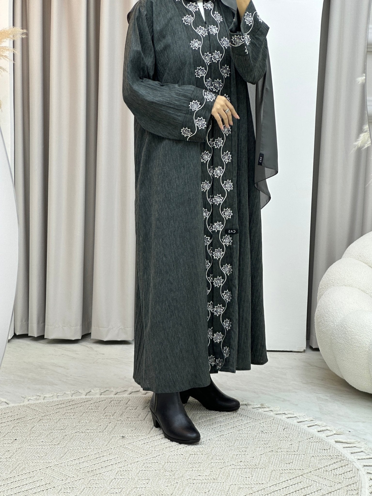 C Grey Embroidery Linen Abaya