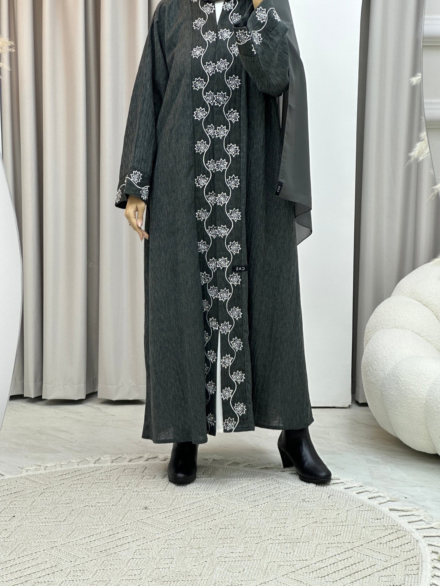 C Grey Embroidery Linen Abaya