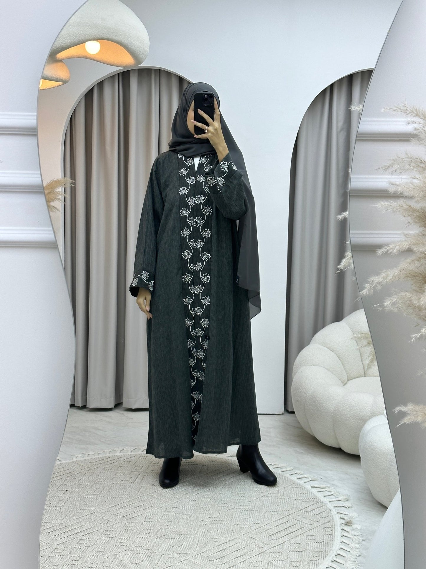 C Grey Embroidery Linen Abaya