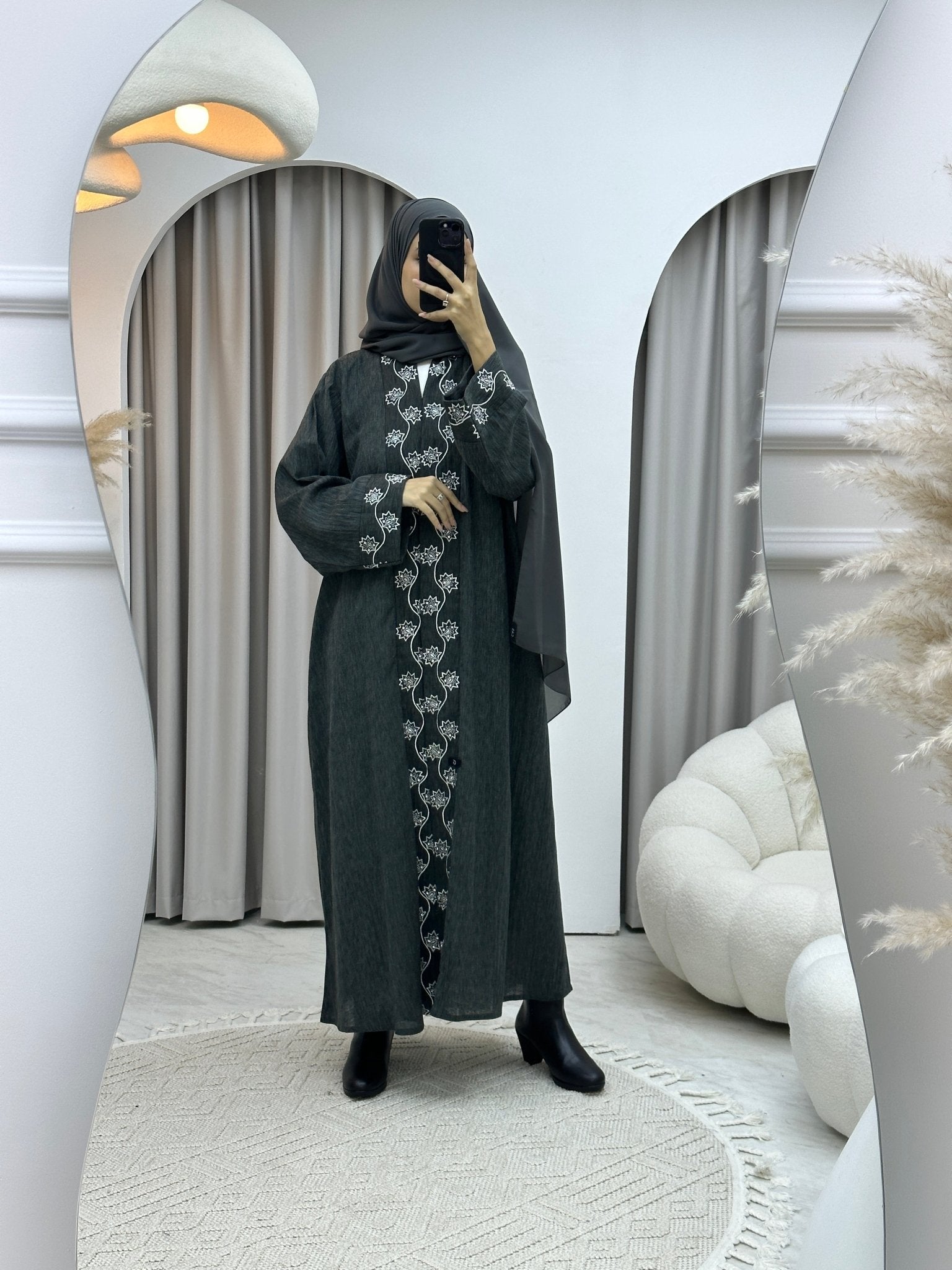 C Grey Embroidery Linen Abaya