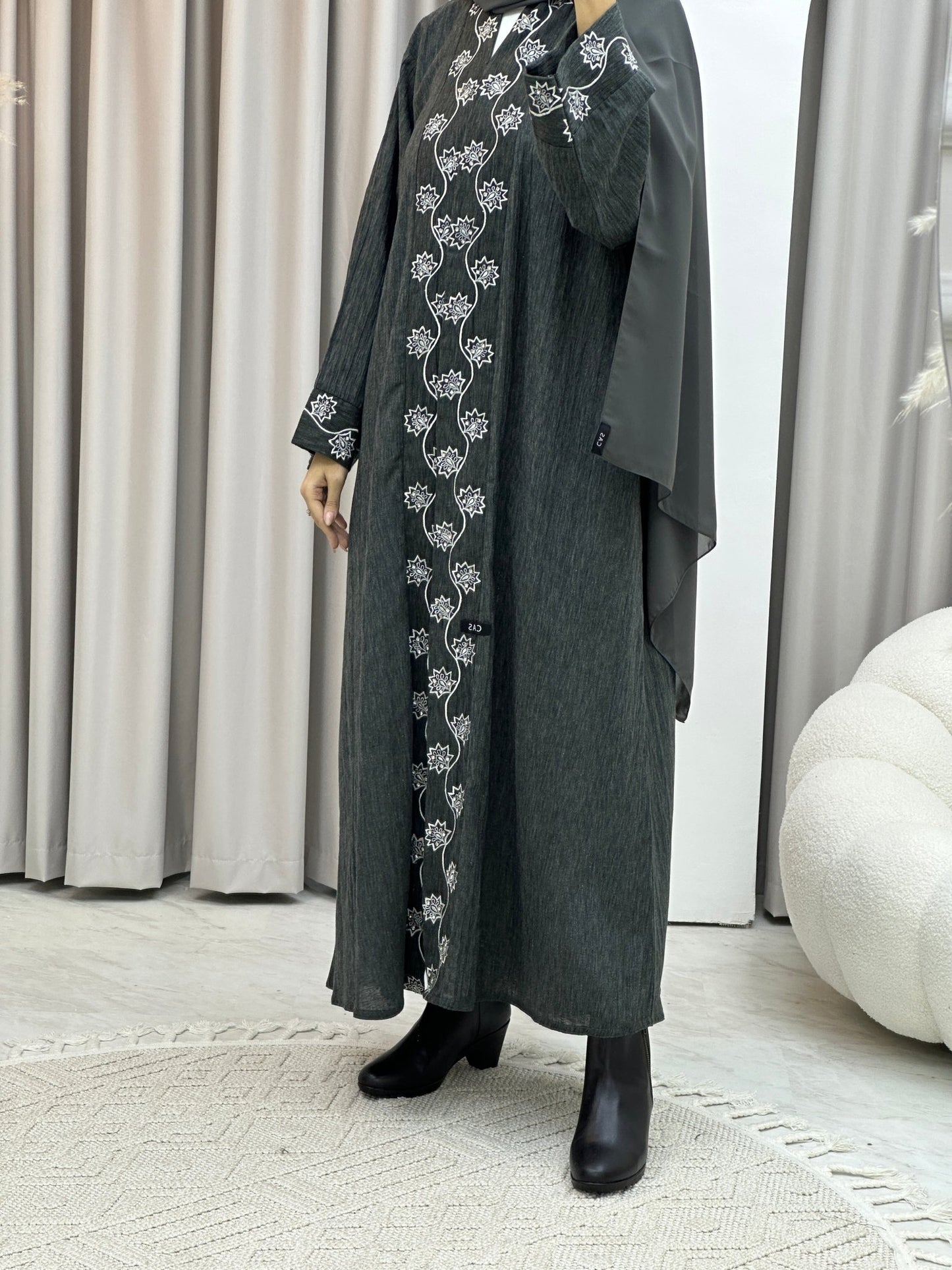 C Grey Embroidery Linen Abaya