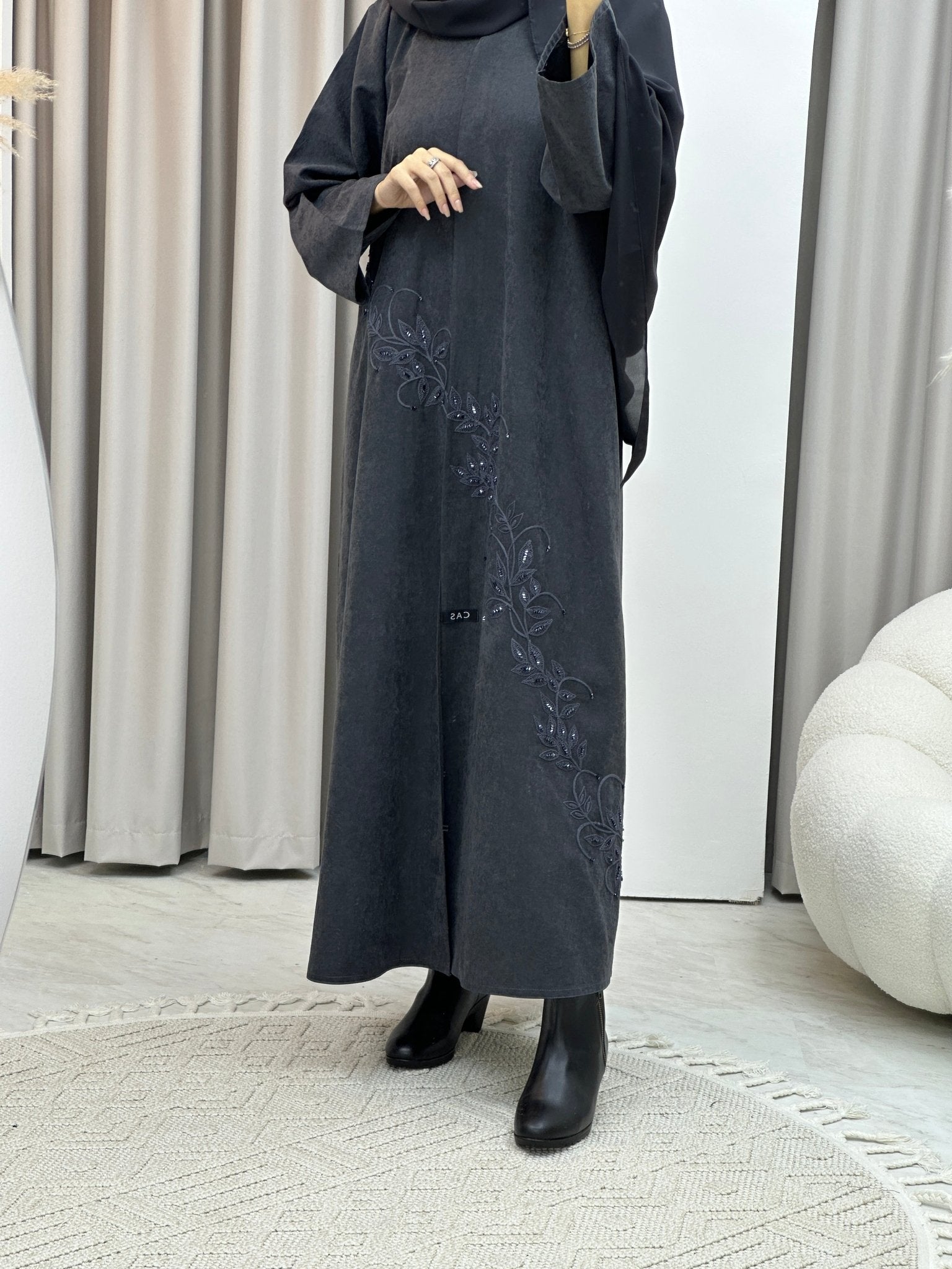 C Grey Embroidery Suede Abaya