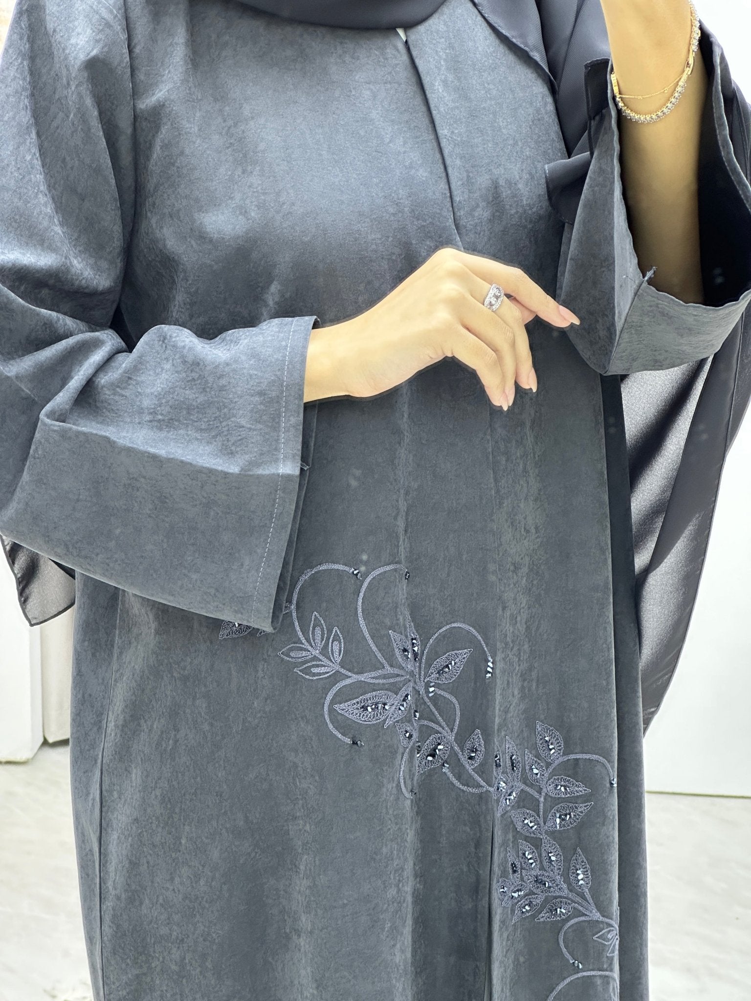 C Grey Embroidery Suede Abaya