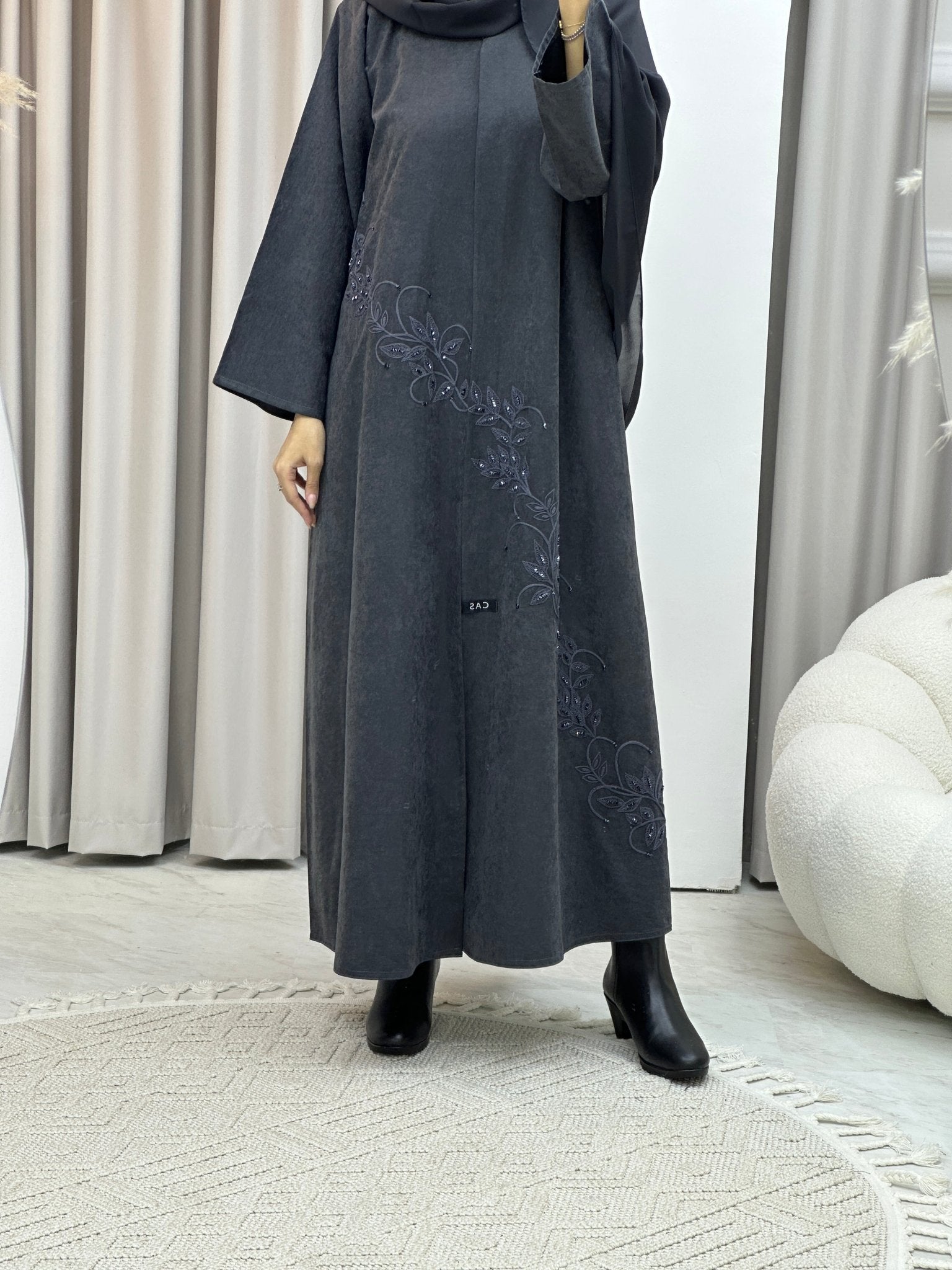 C Grey Embroidery Suede Abaya