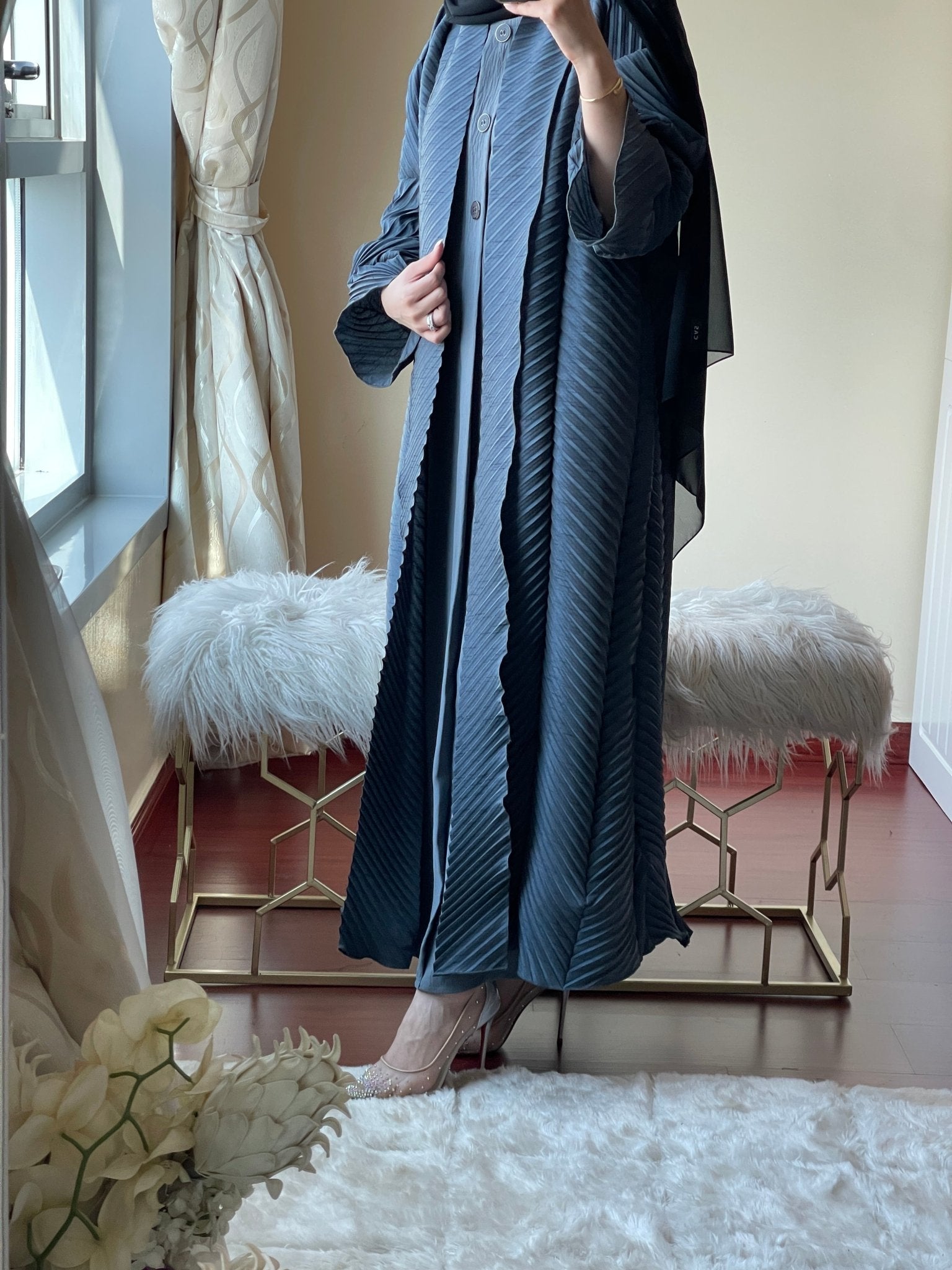 C - Grey - Pleated - Abaya - Set - 57