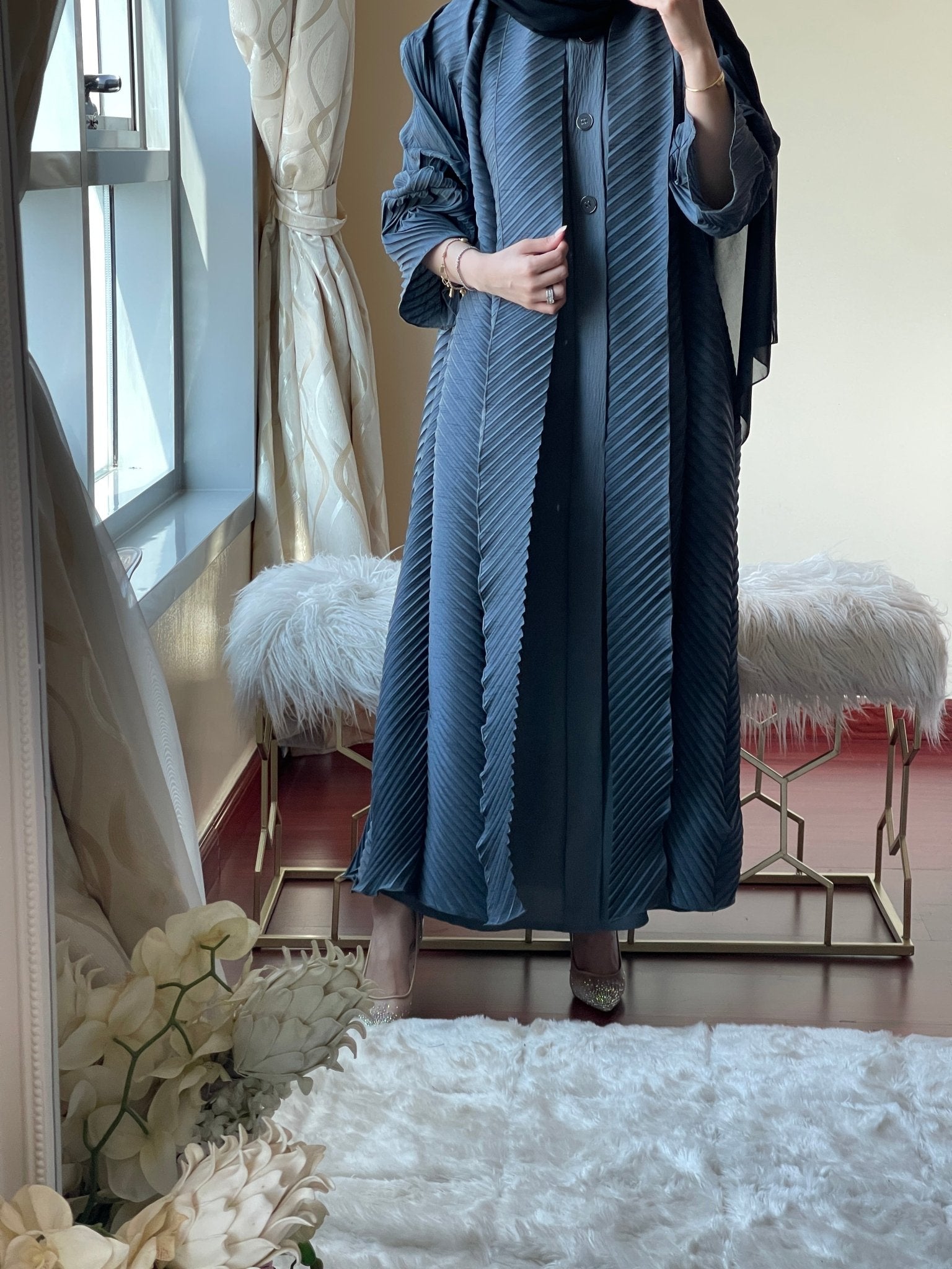 C - Grey - Pleated - Abaya - Set - 57