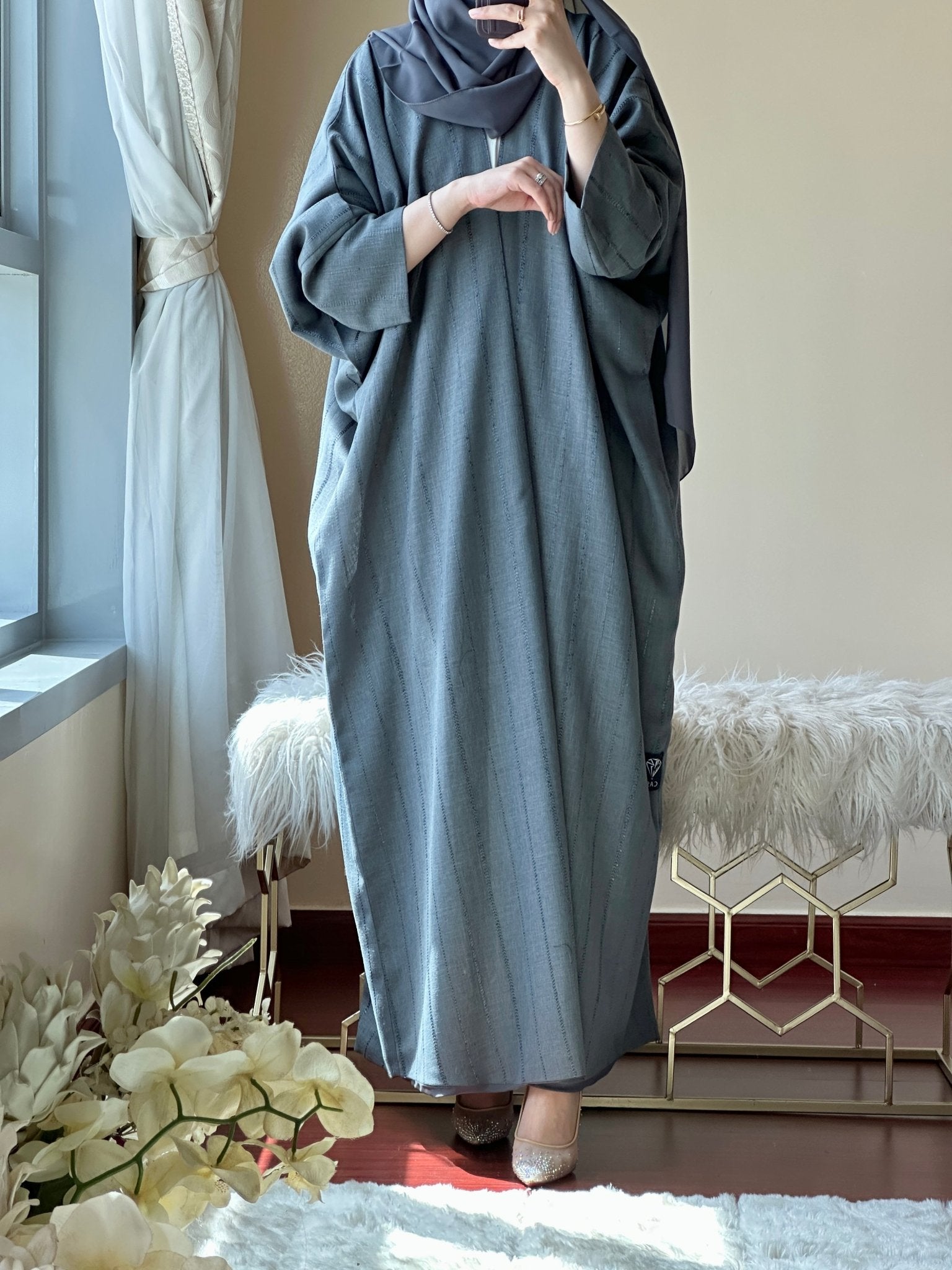 C - Grey - Summer - Linen - Bisht - Abaya - Set