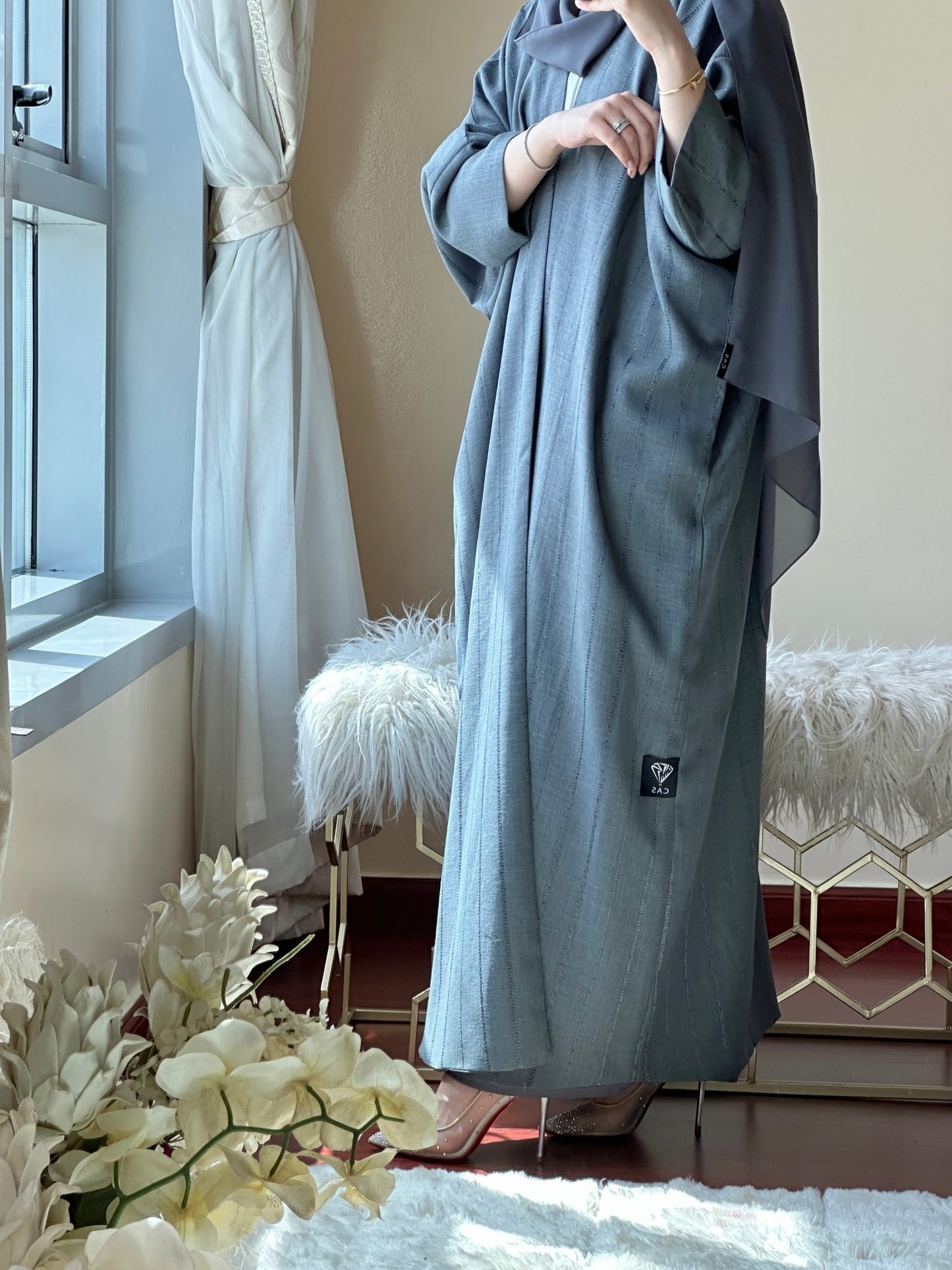 C - Grey - Summer - Linen - Bisht - Abaya - Set