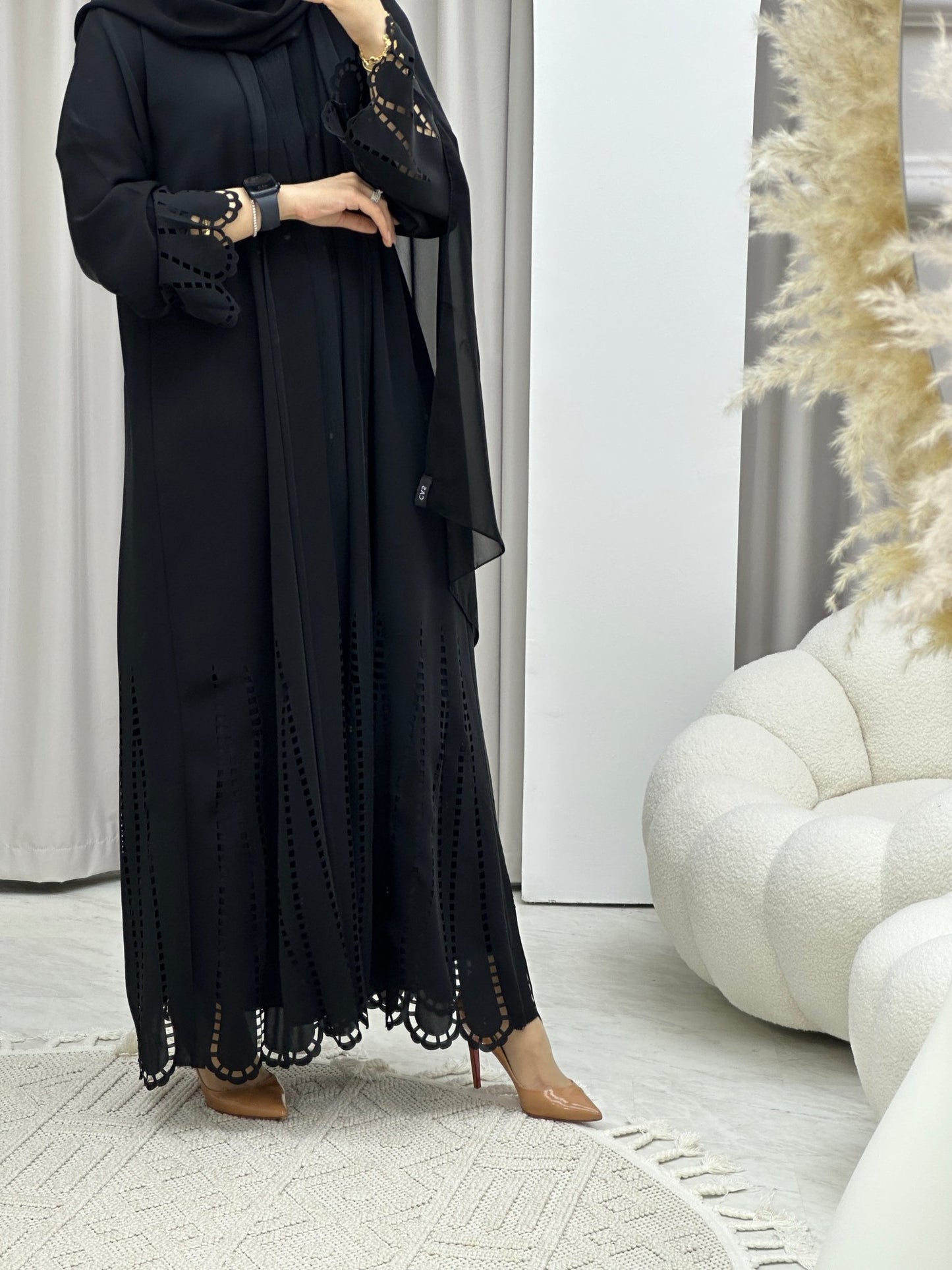 C Laser Cut Black Abaya Set