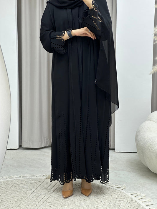 C Laser Cut Black Abaya Set