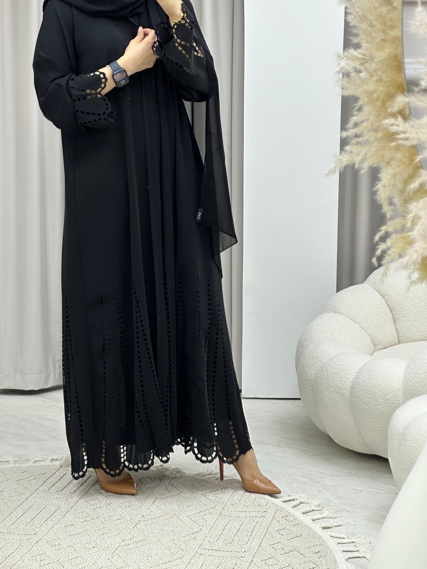 C Laser Cut Black Abaya Set