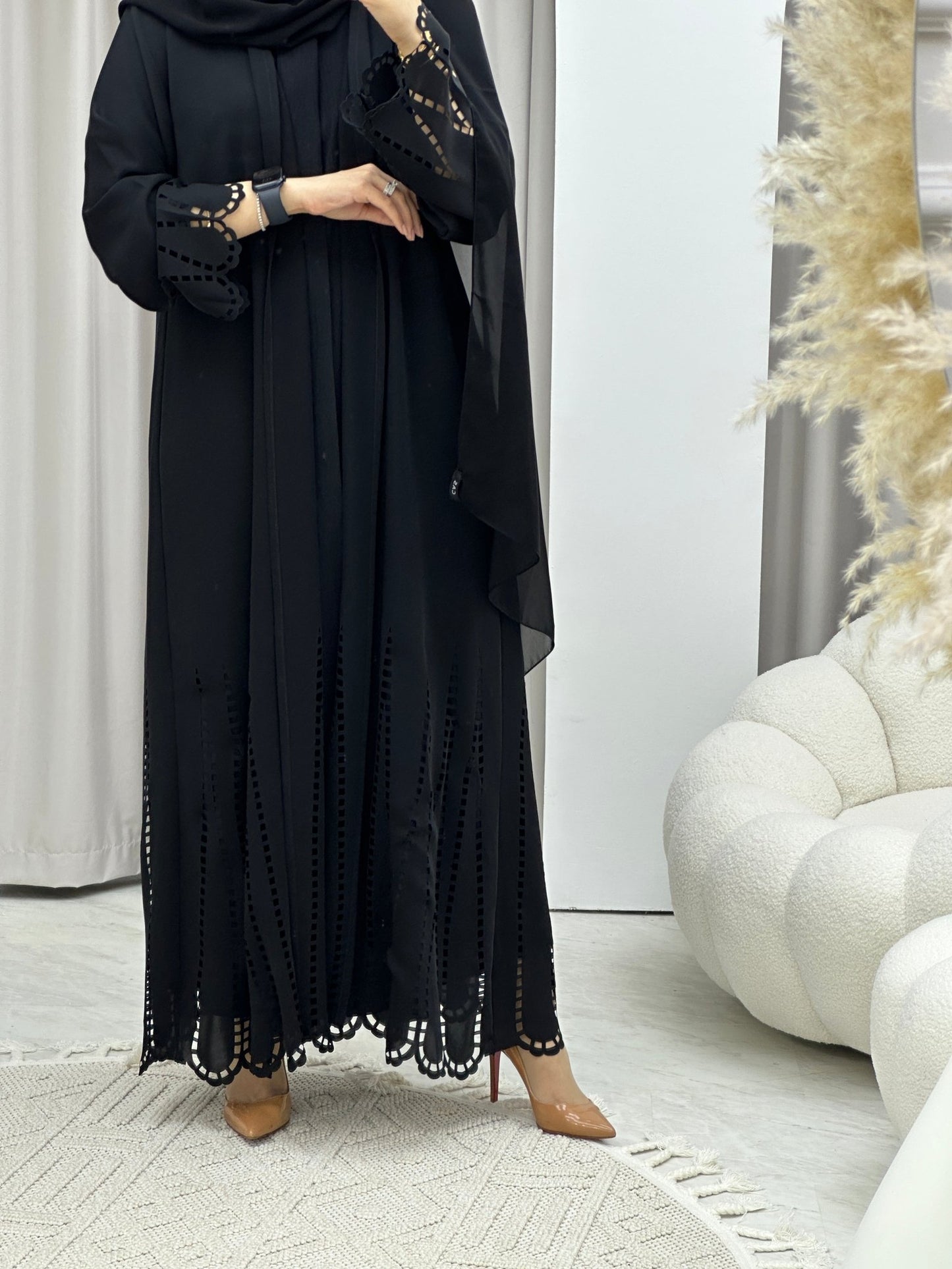 C Laser Cut Black Abaya Set