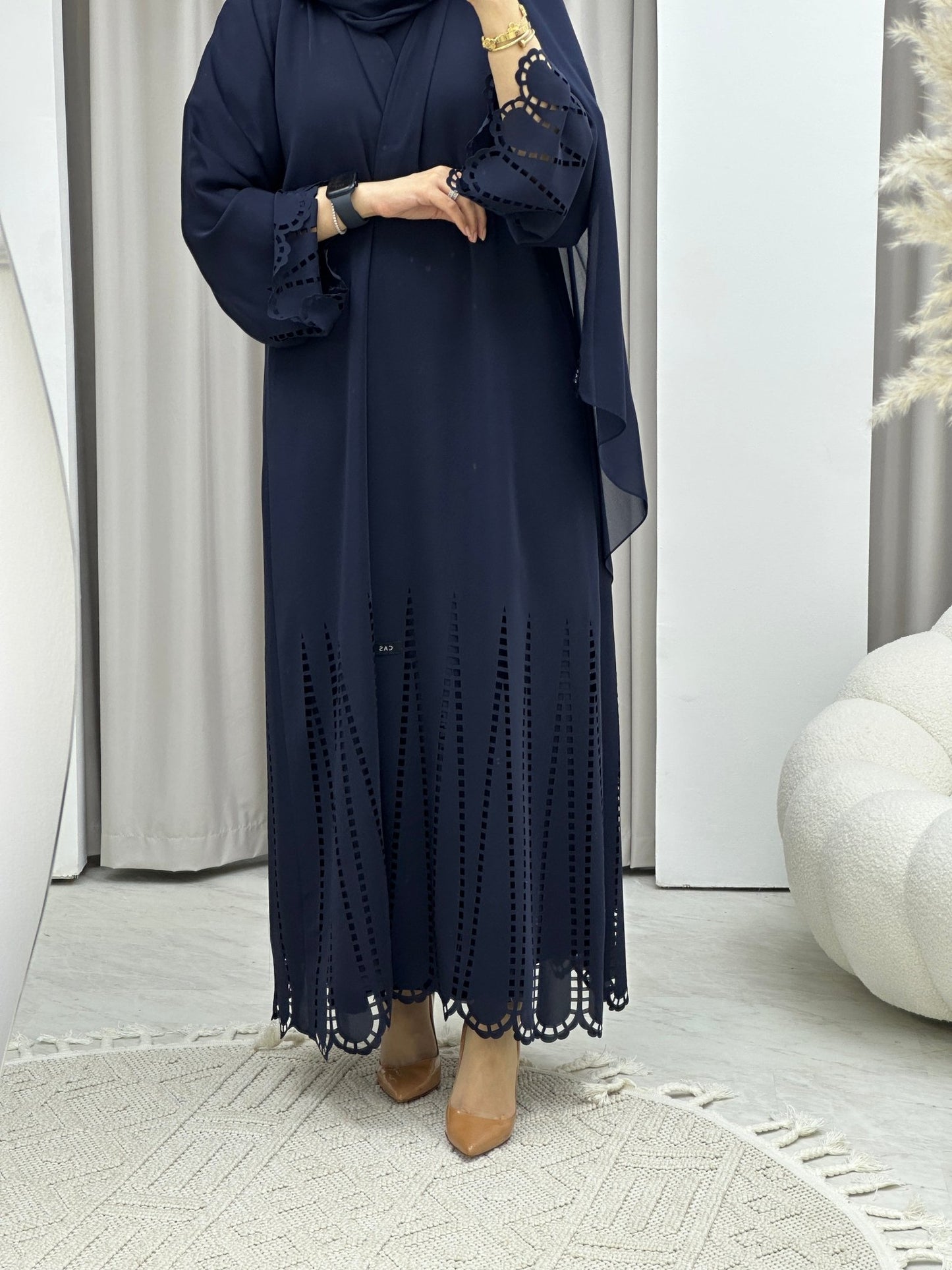 C Laser Cut Navy Blue Abaya Set