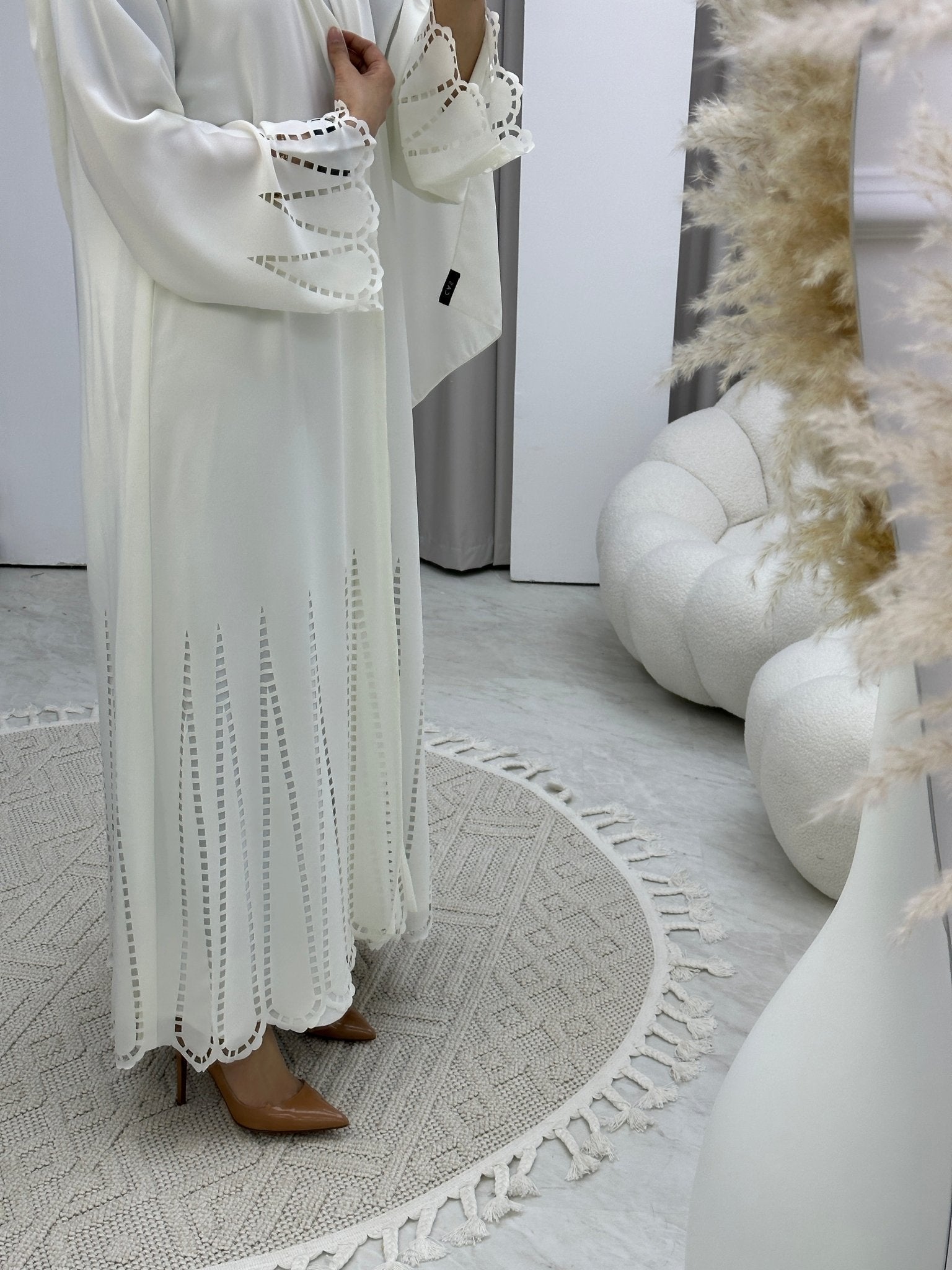 C Laser Cut White Abaya Set