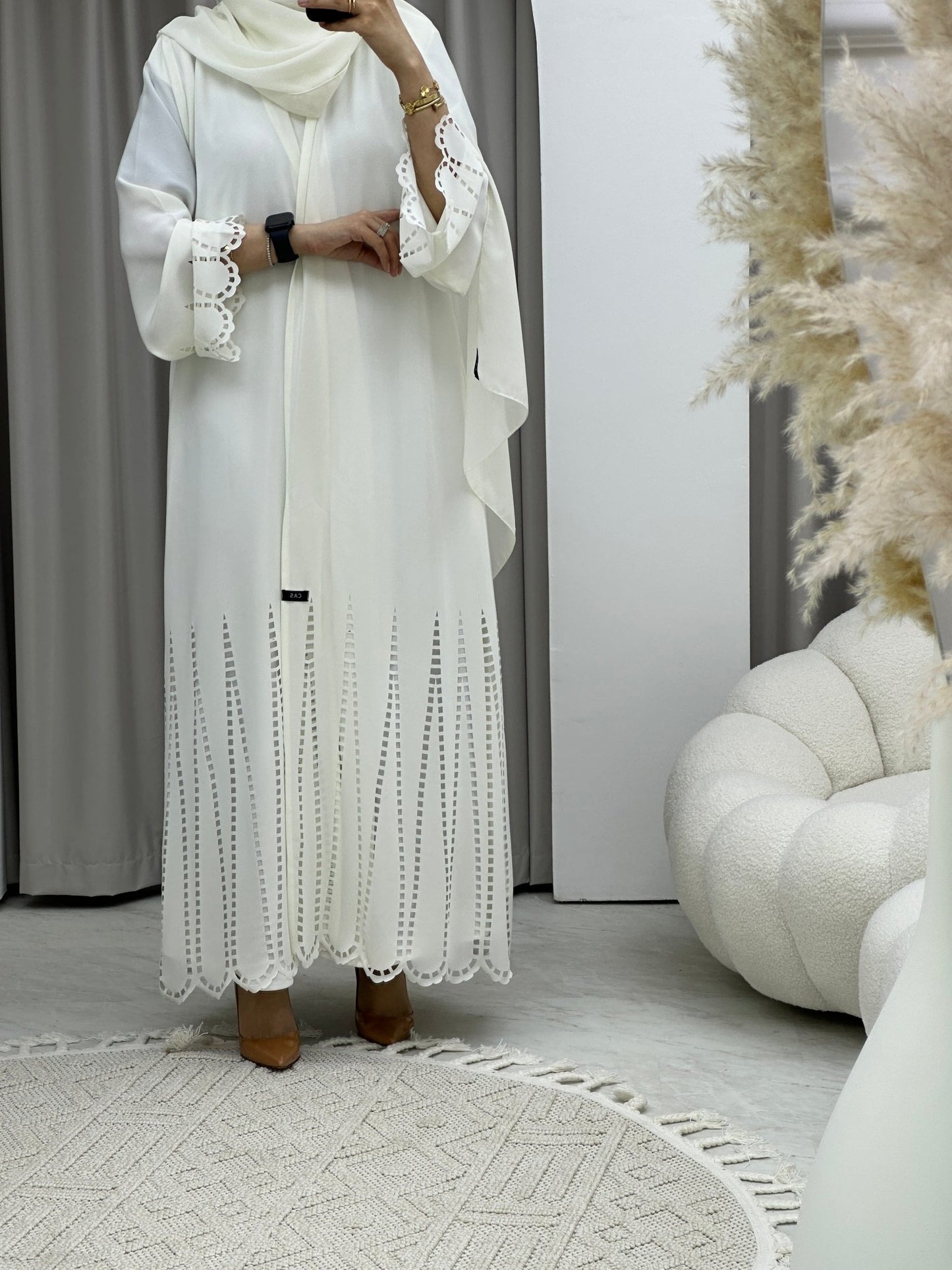 C Laser Cut White Abaya Set