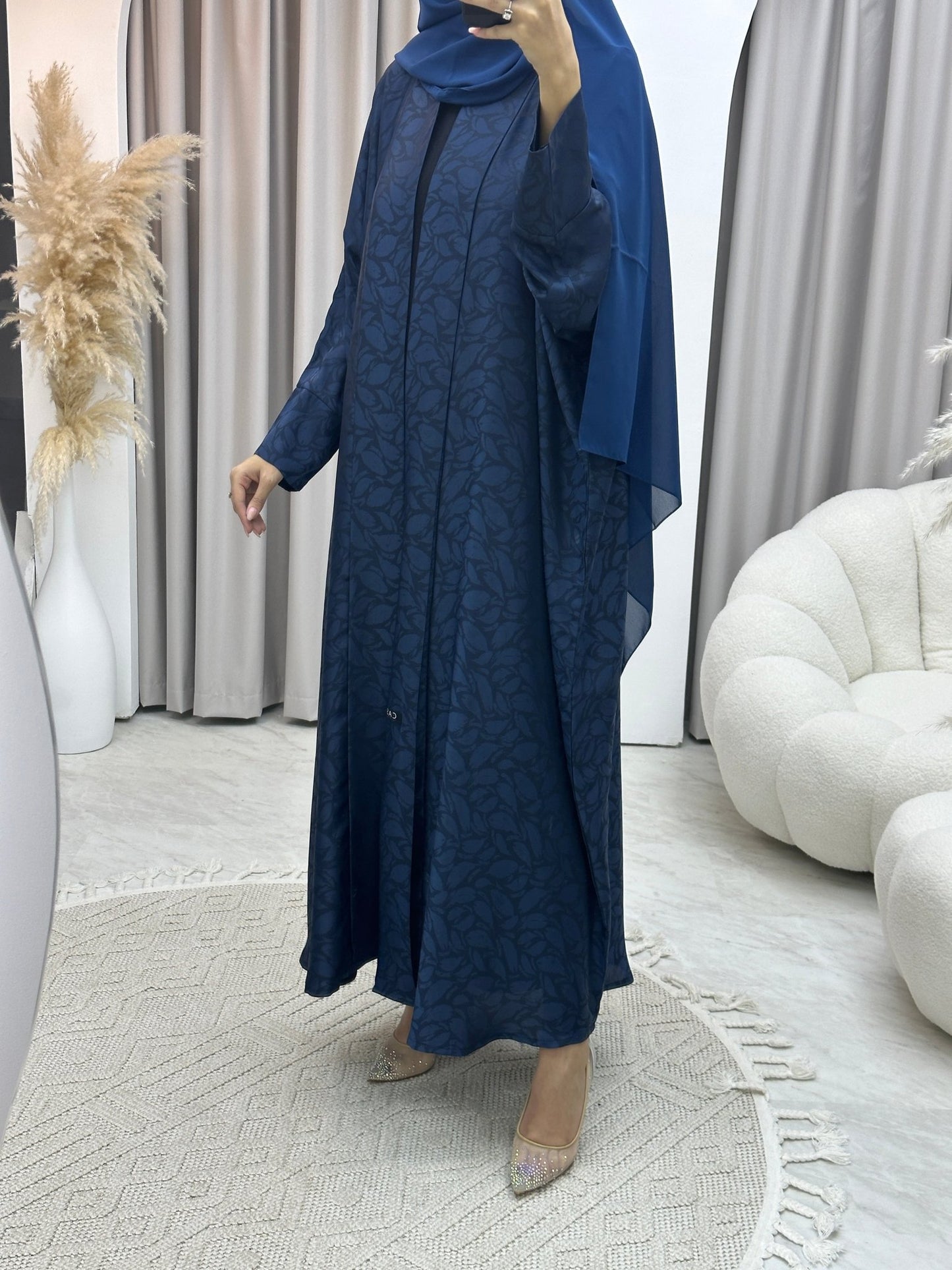 C Leaf Print Blue Bisht Abaya