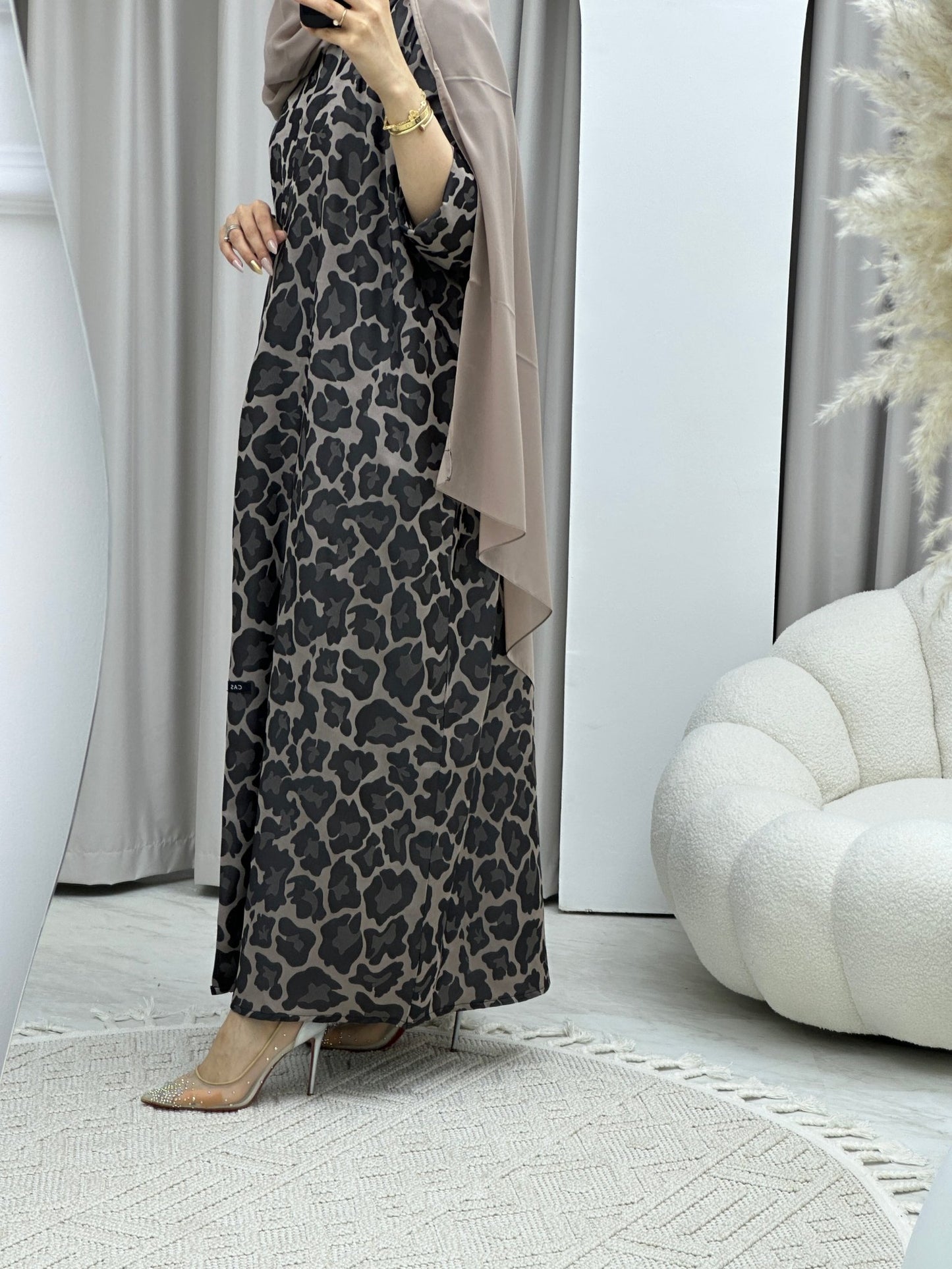 C Leopard Print Beige Winter Abaya