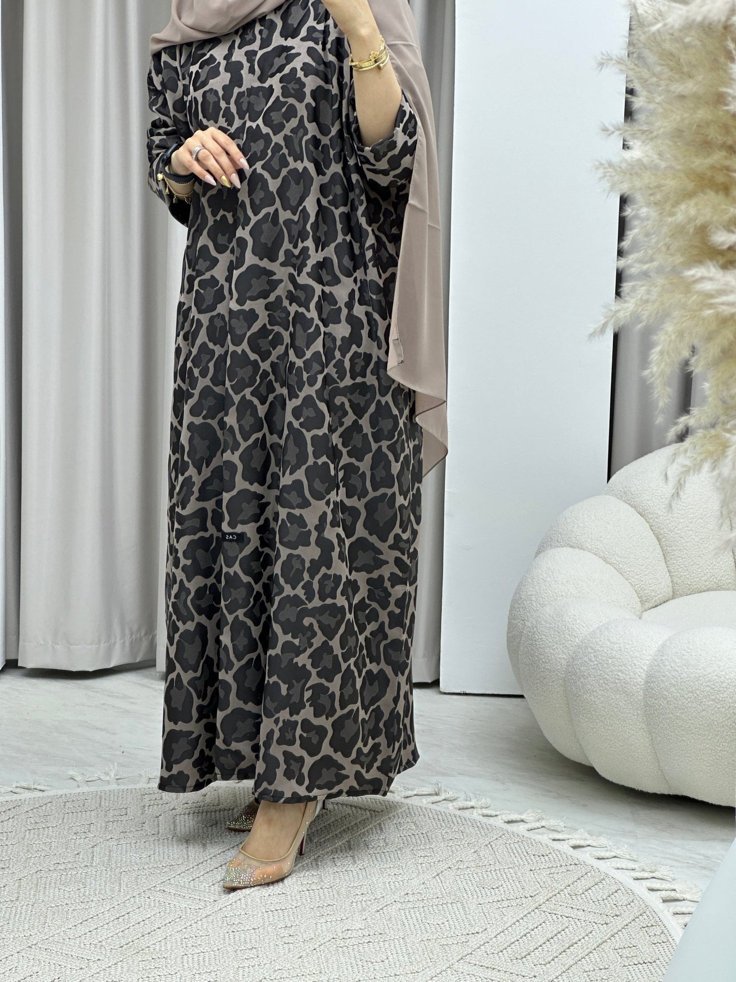 C Leopard Print Beige Winter Abaya