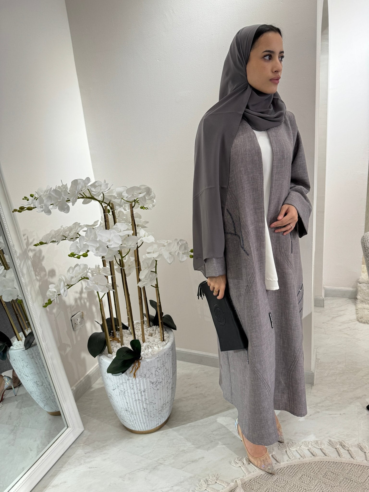 C Light Grey Summer Linen Eid Abaya