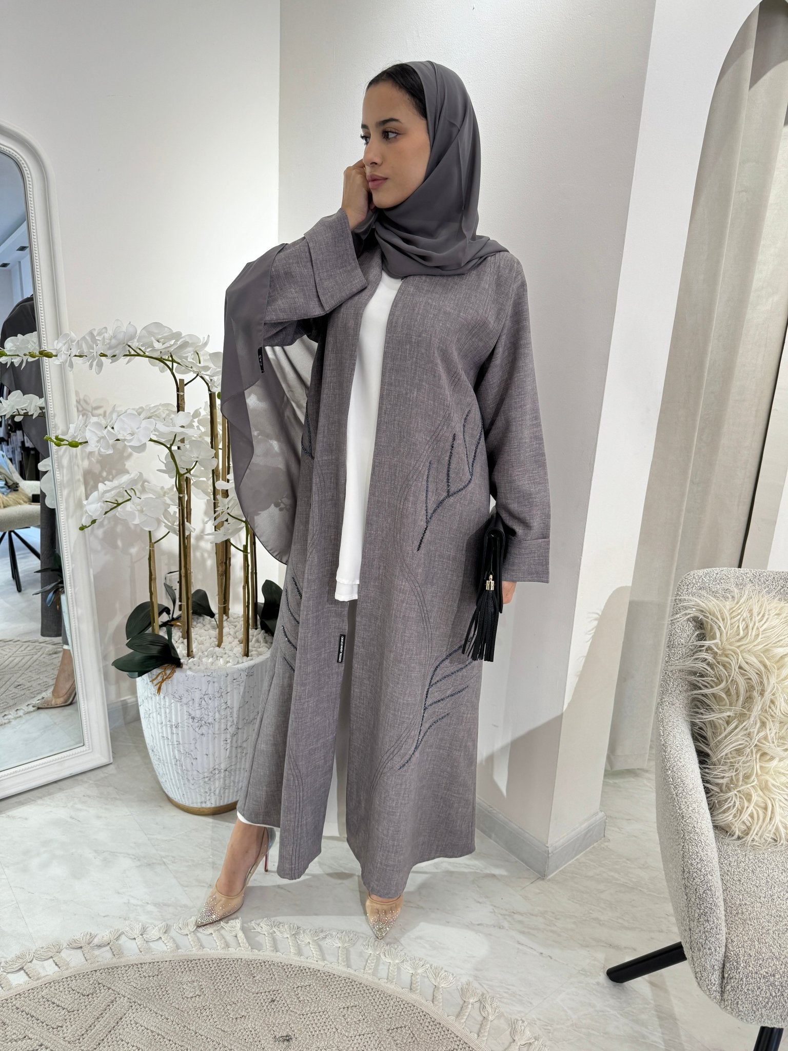 C Light Grey Summer Linen Eid Abaya