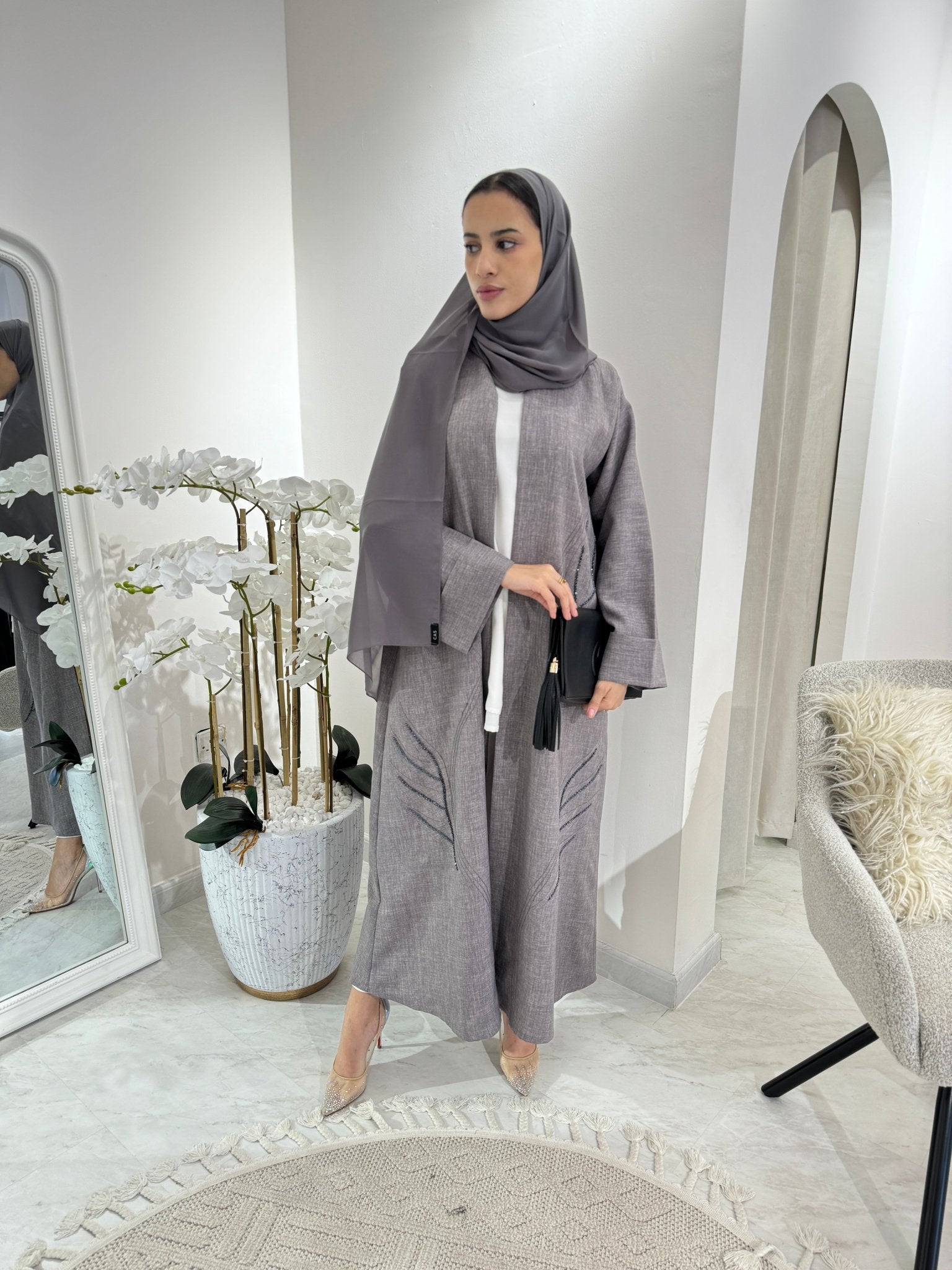 C Light Grey Summer Linen Eid Abaya