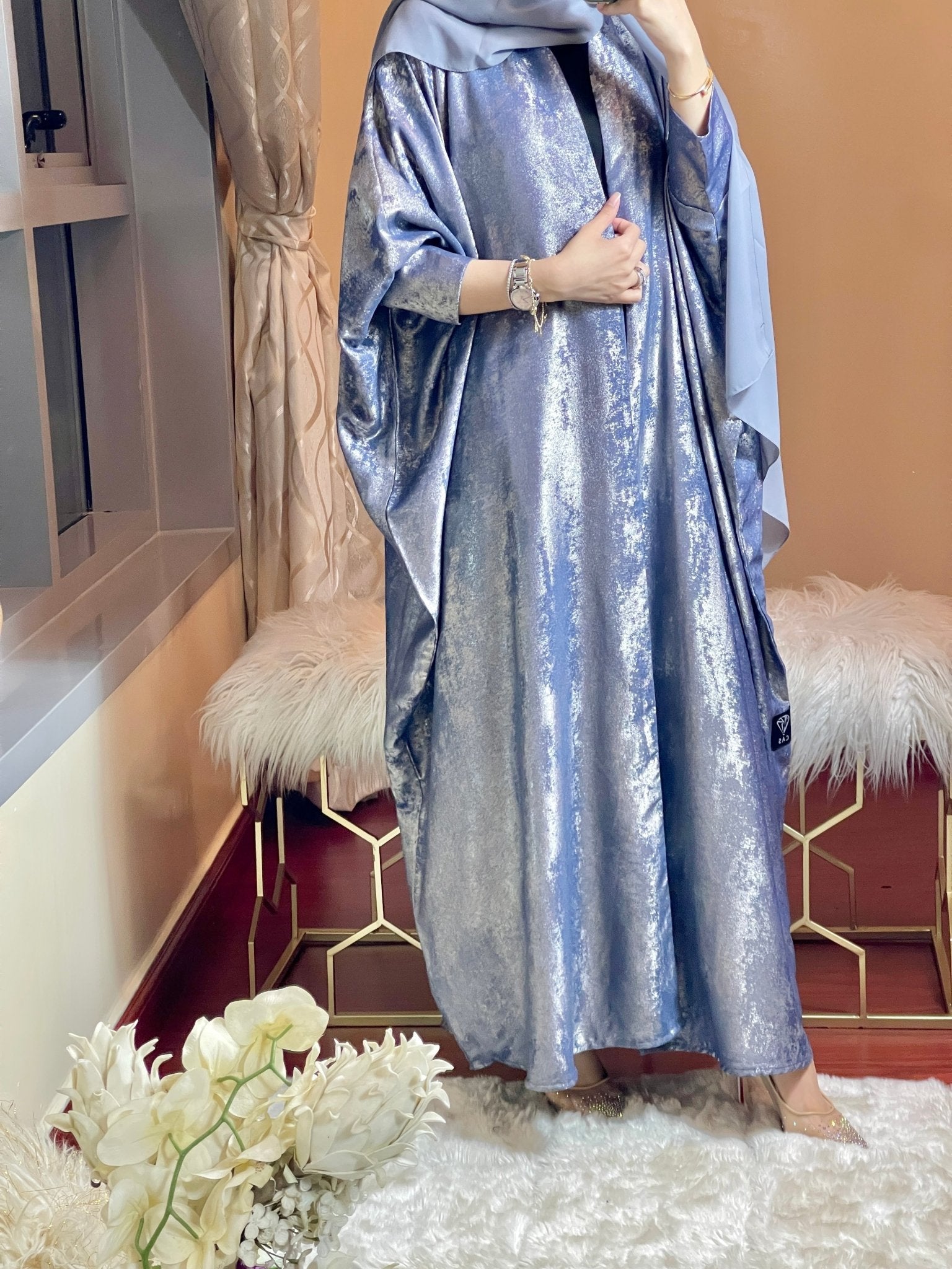 C - LightBlue - Shimmer - Bisht - Abaya