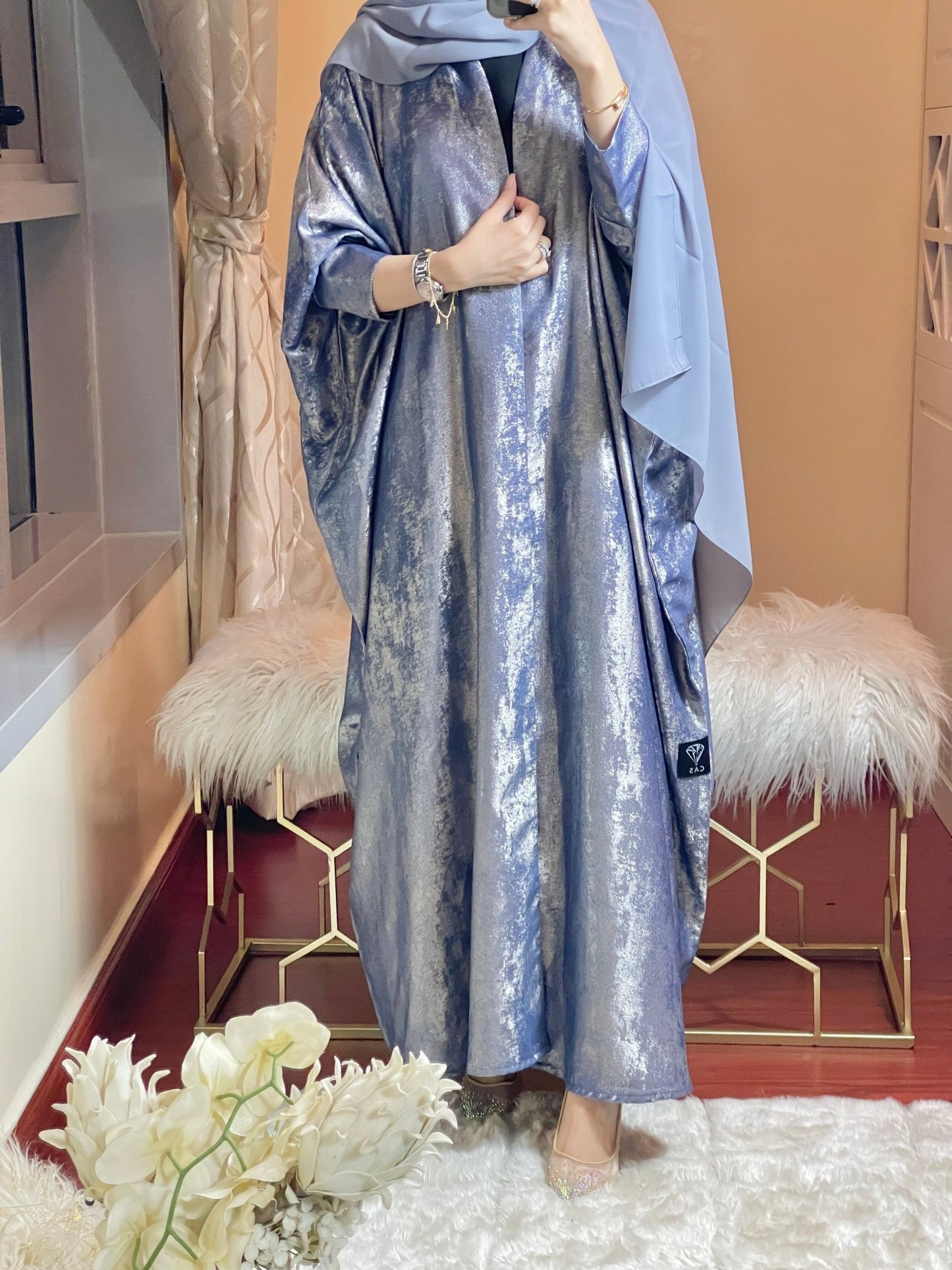 C - LightBlue - Shimmer - Bisht - Abaya