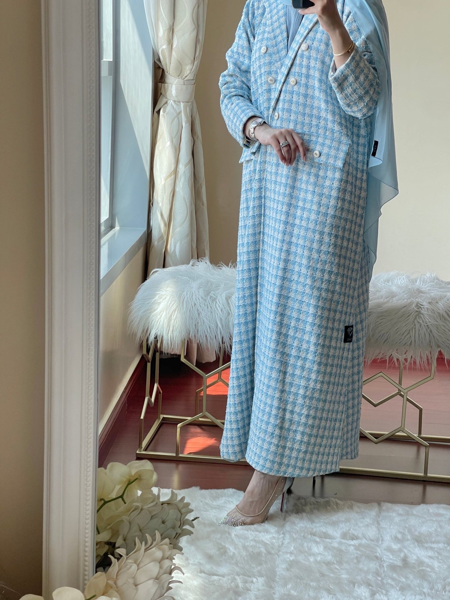 C - LightBlue - Tweed - Abaya - Set - 2023