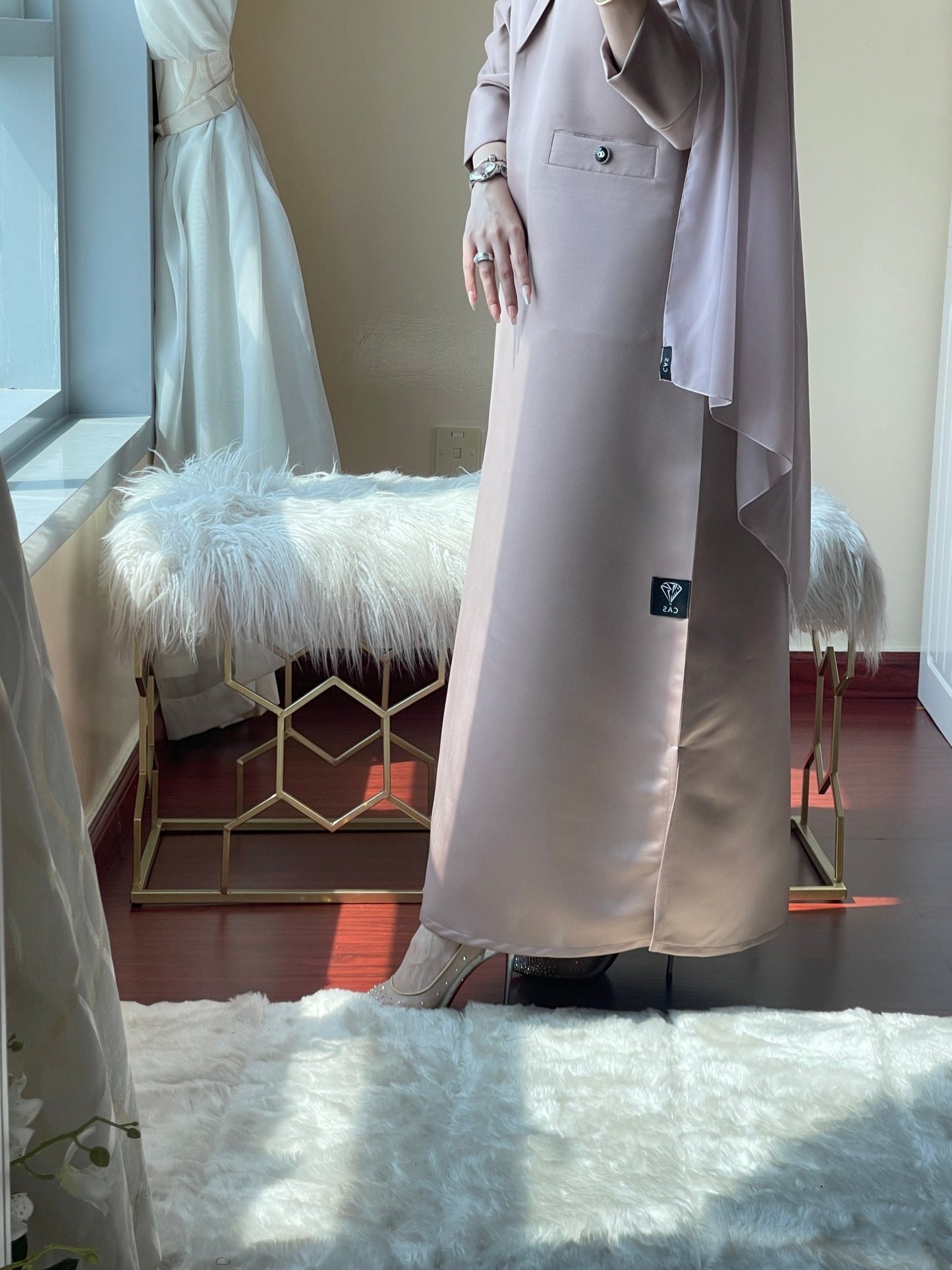 C - LightBrown - Satin - Coat - Abaya - Set