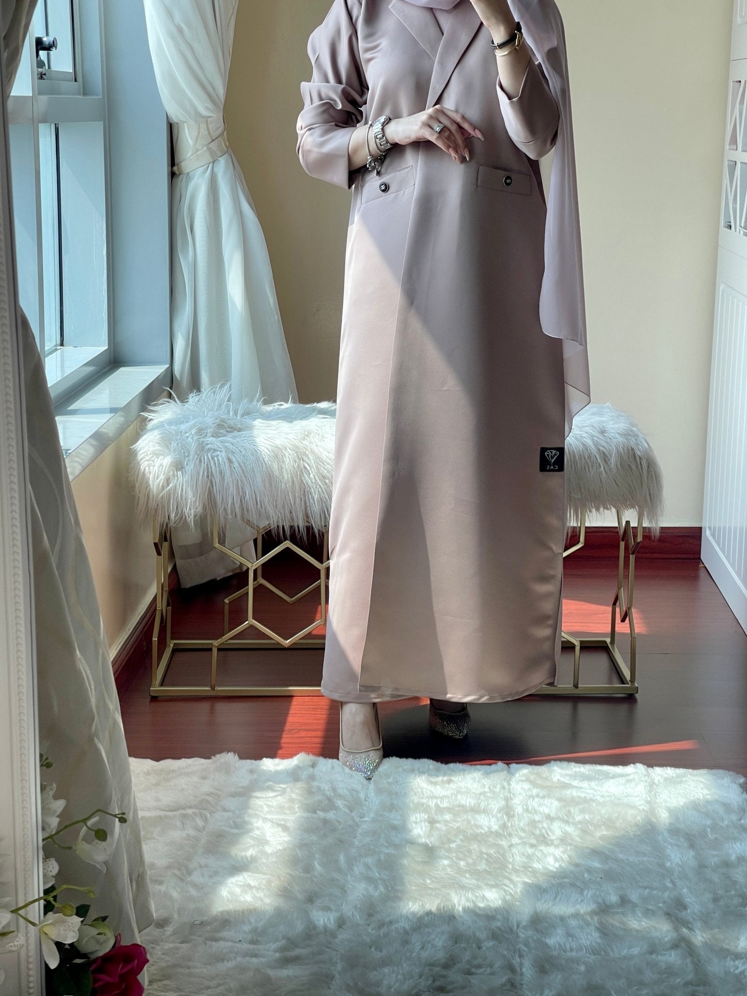 C - LightBrown - Satin - Coat - Abaya - Set