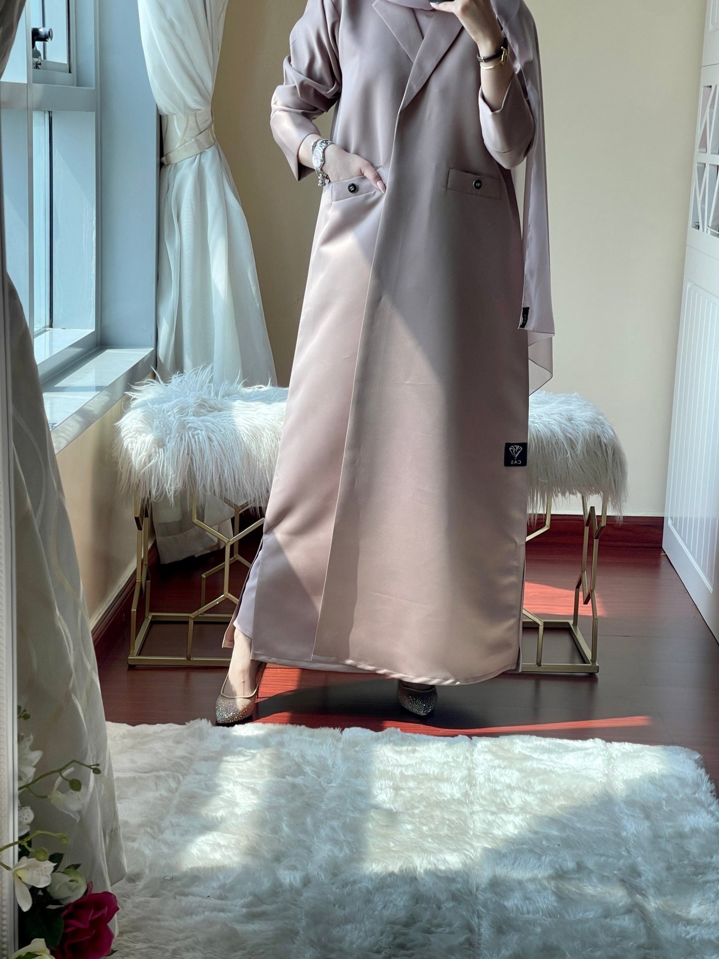 C - LightBrown - Satin - Coat - Abaya - Set