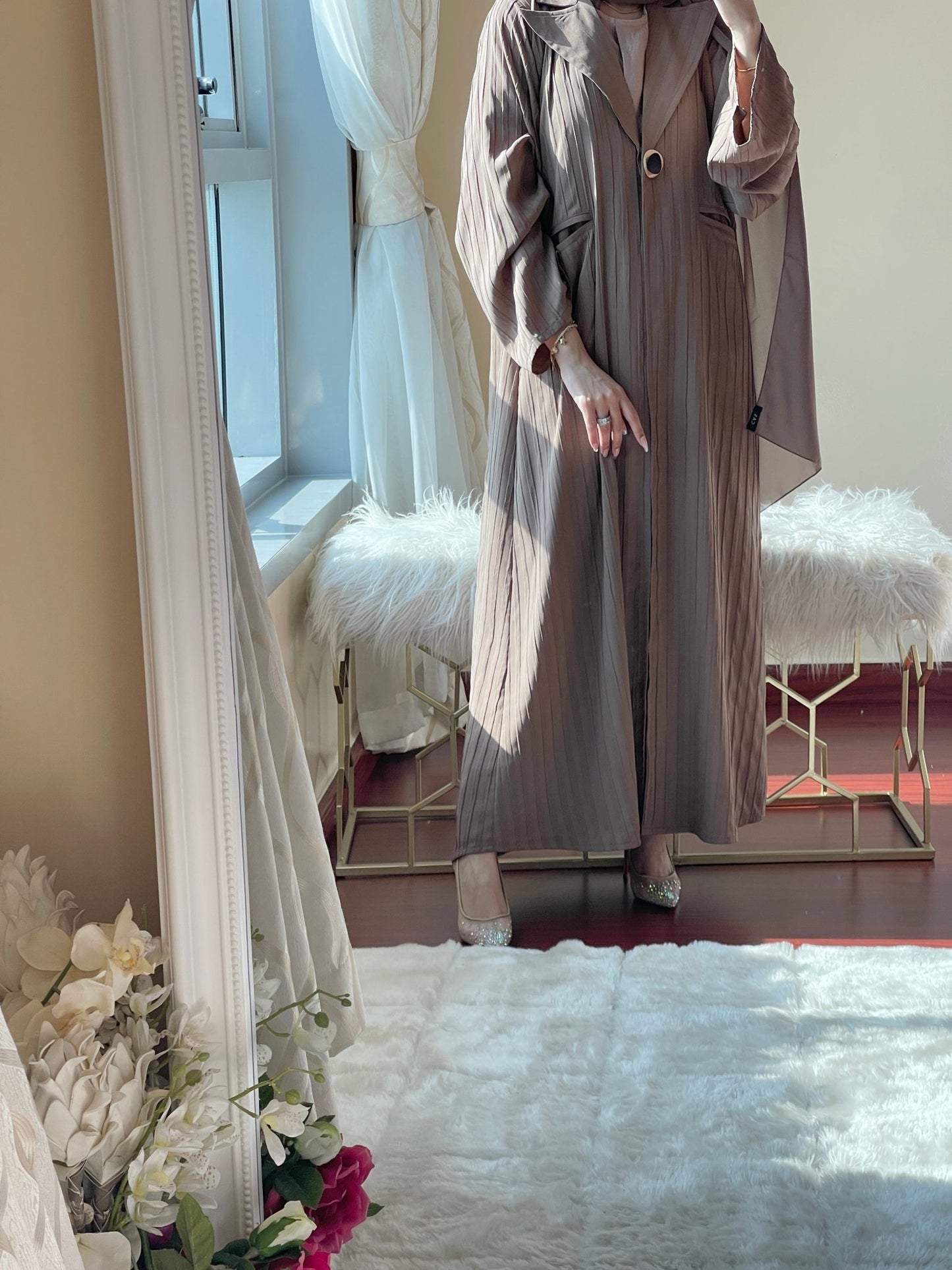 C - LightBrown - Striped - Coat - Abaya - Set