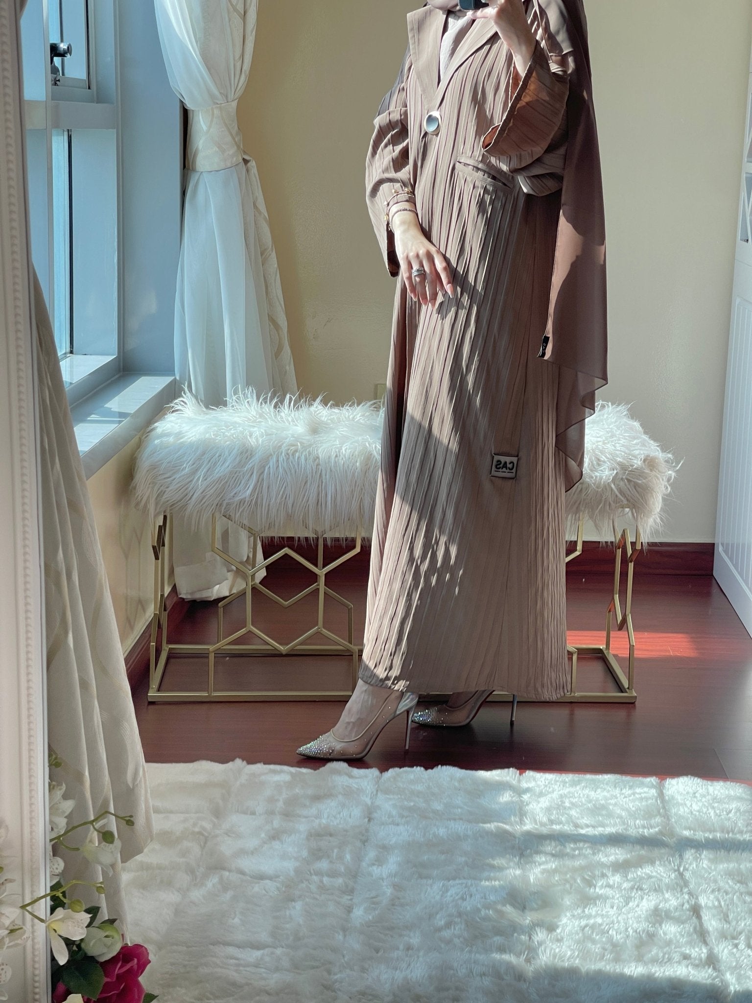 C - LightBrown - Striped - Coat - Abaya - Set