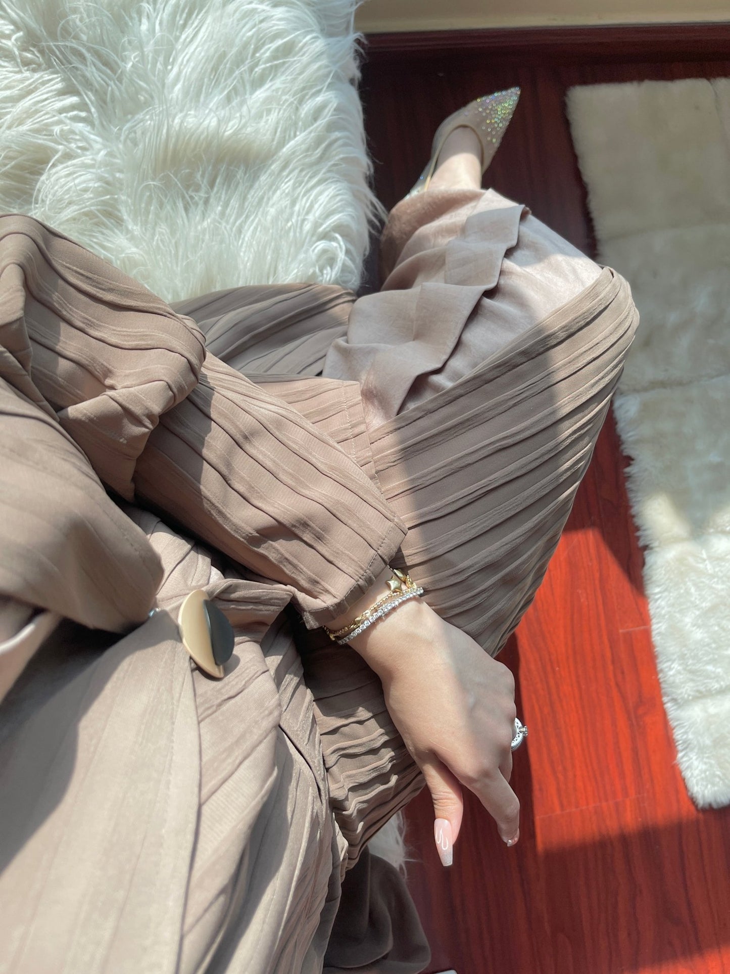 C - LightBrown - Striped - Coat - Abaya - Set