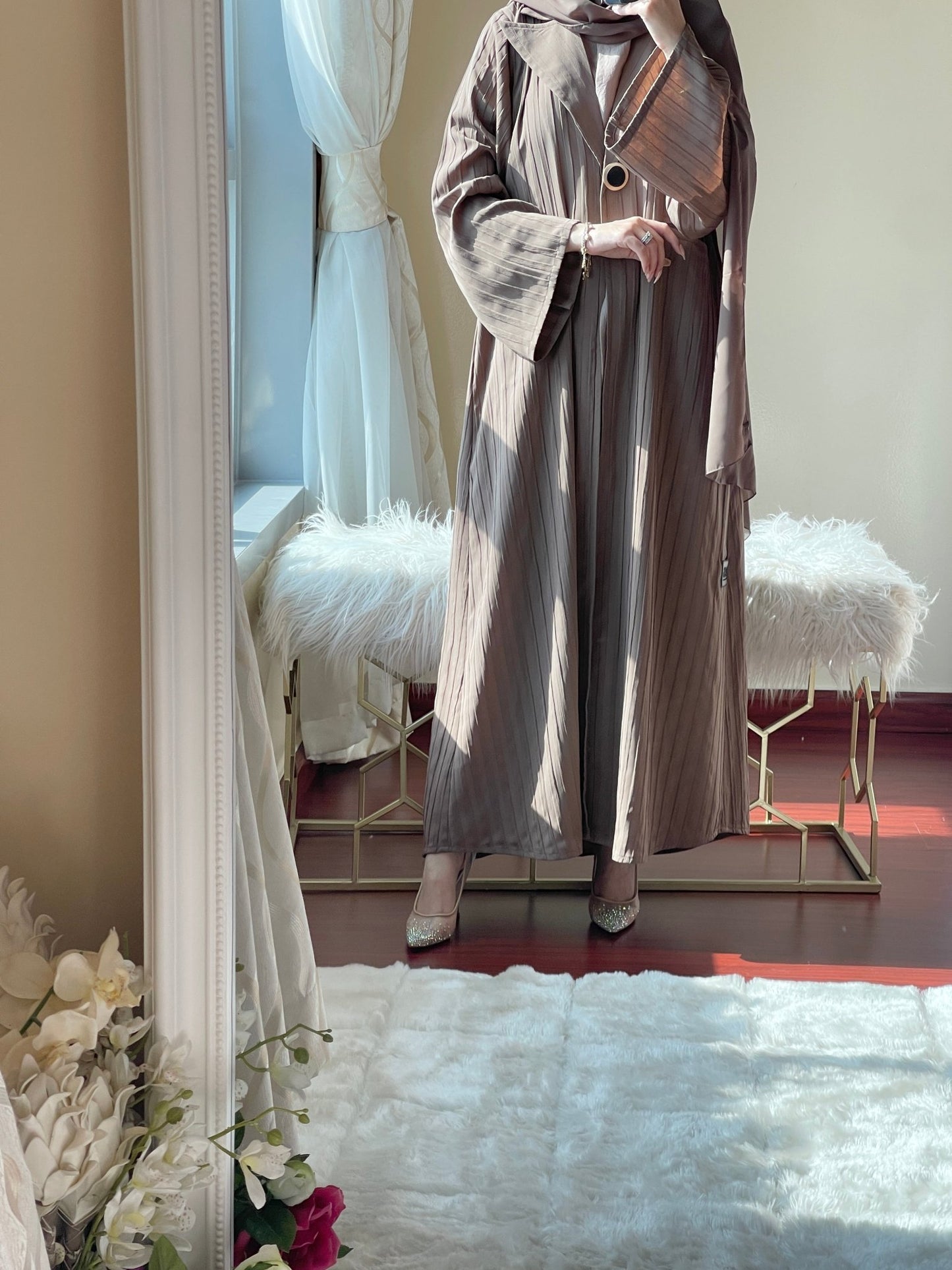 C - LightBrown - Striped - Coat - Abaya - Set