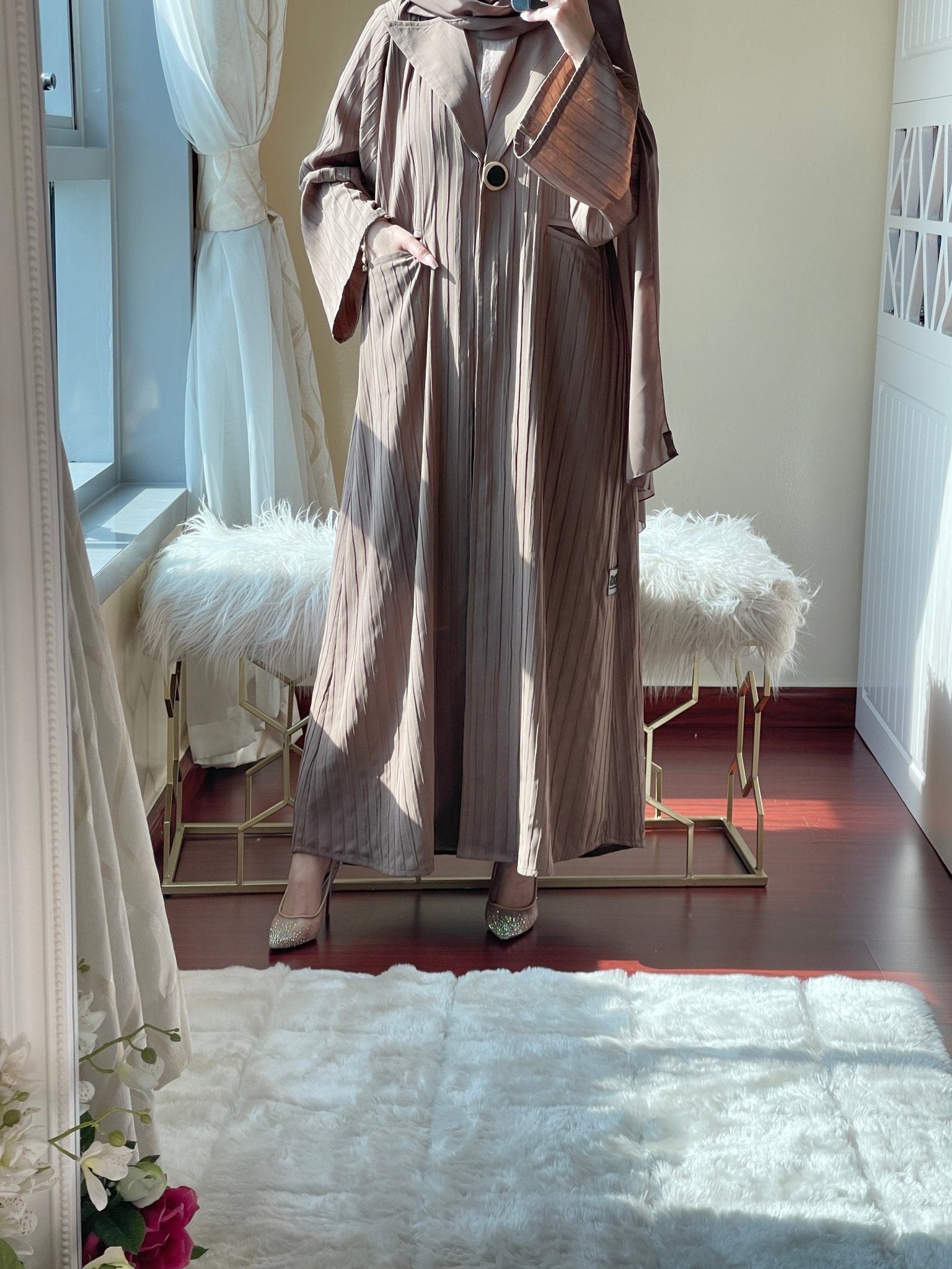 C - LightBrown - Striped - Coat - Abaya - Set