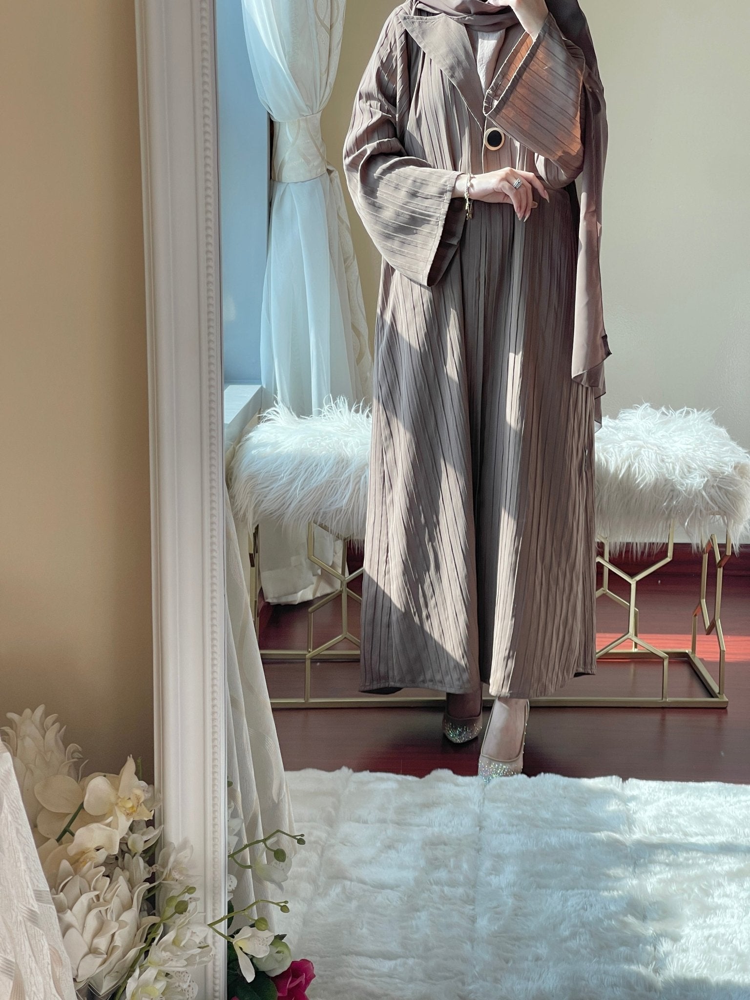 C - LightBrown - Striped - Coat - Abaya - Set