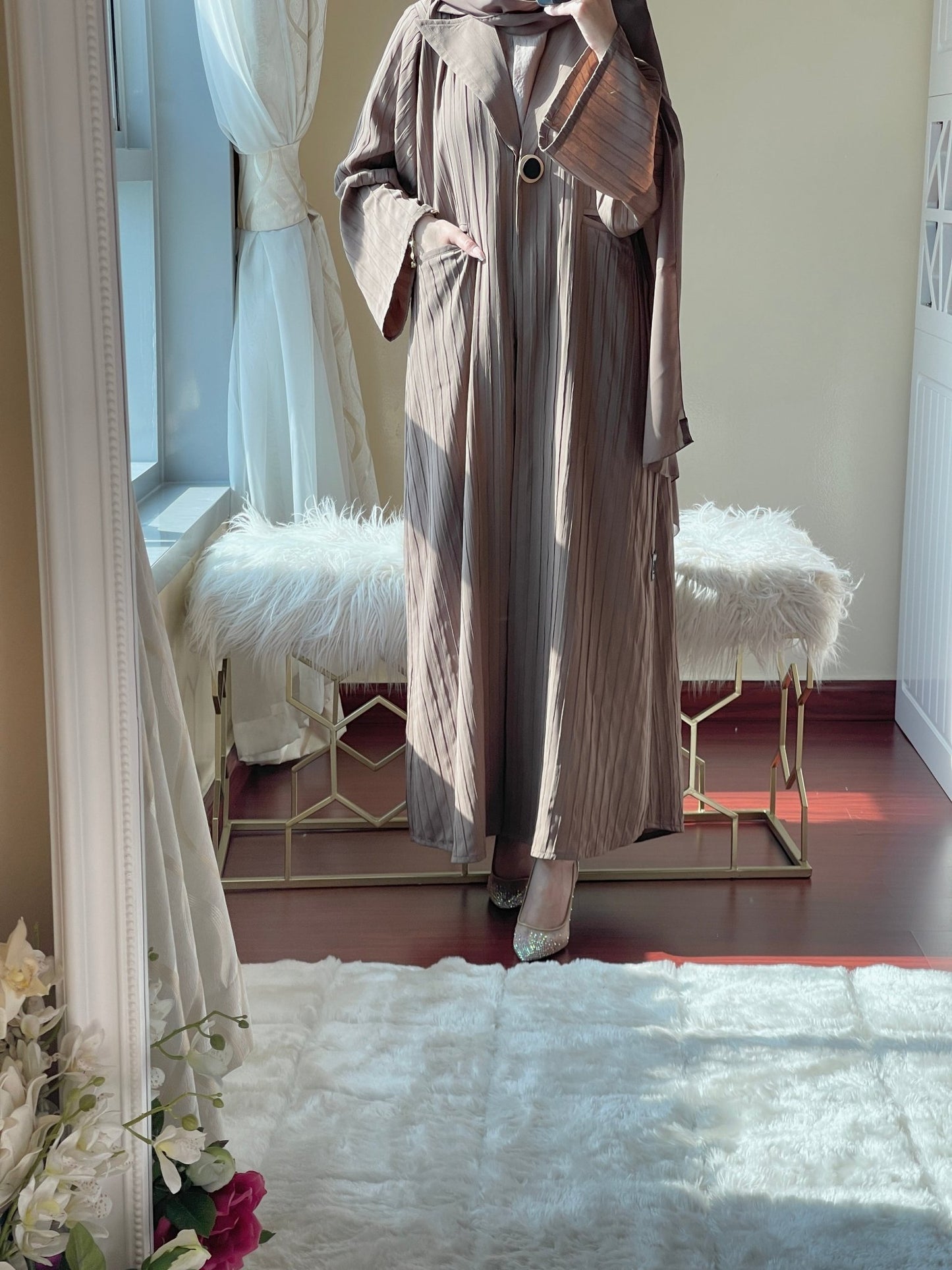 C - LightBrown - Striped - Coat - Abaya - Set