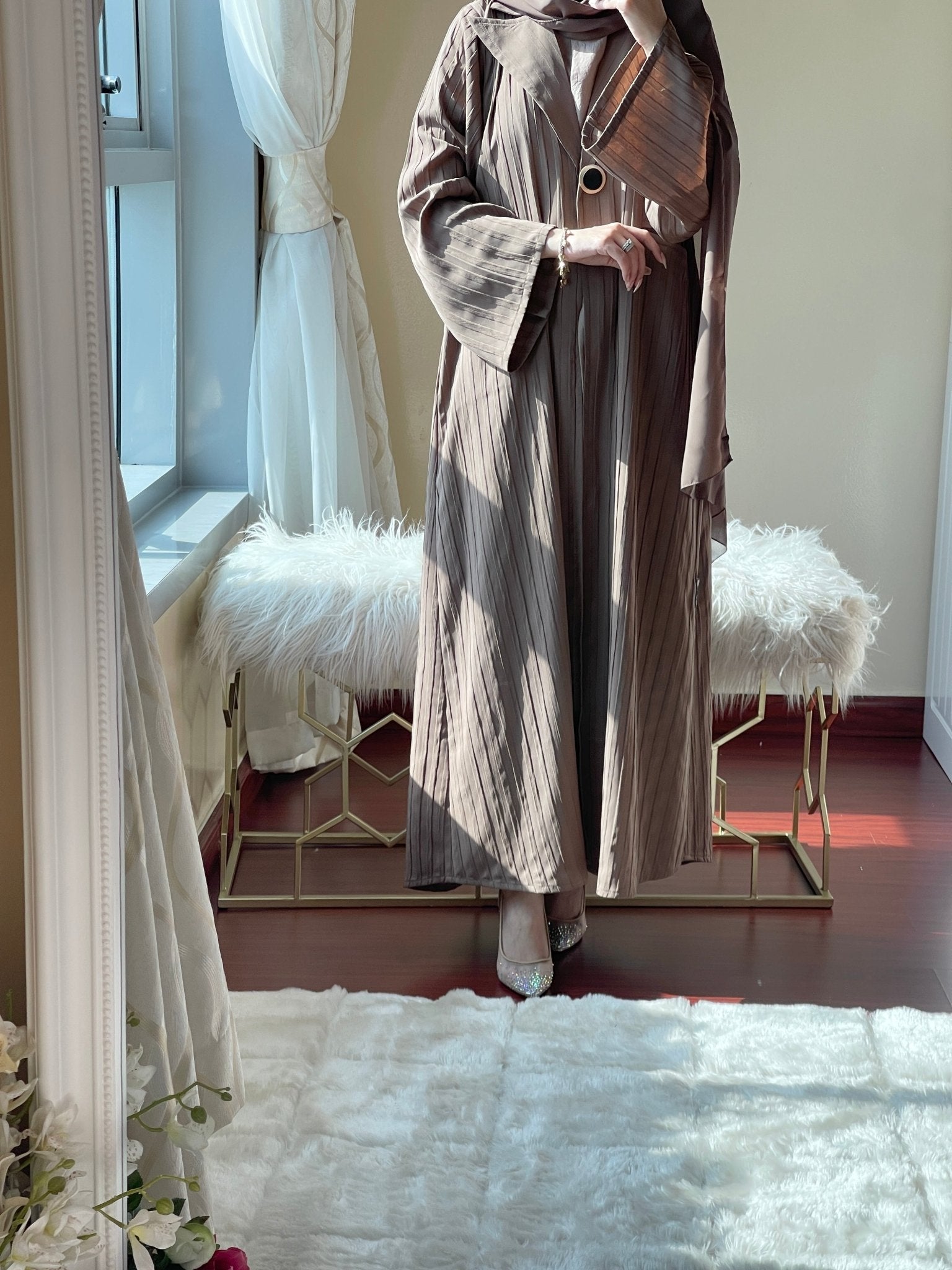 C - LightBrown - Striped - Coat - Abaya - Set