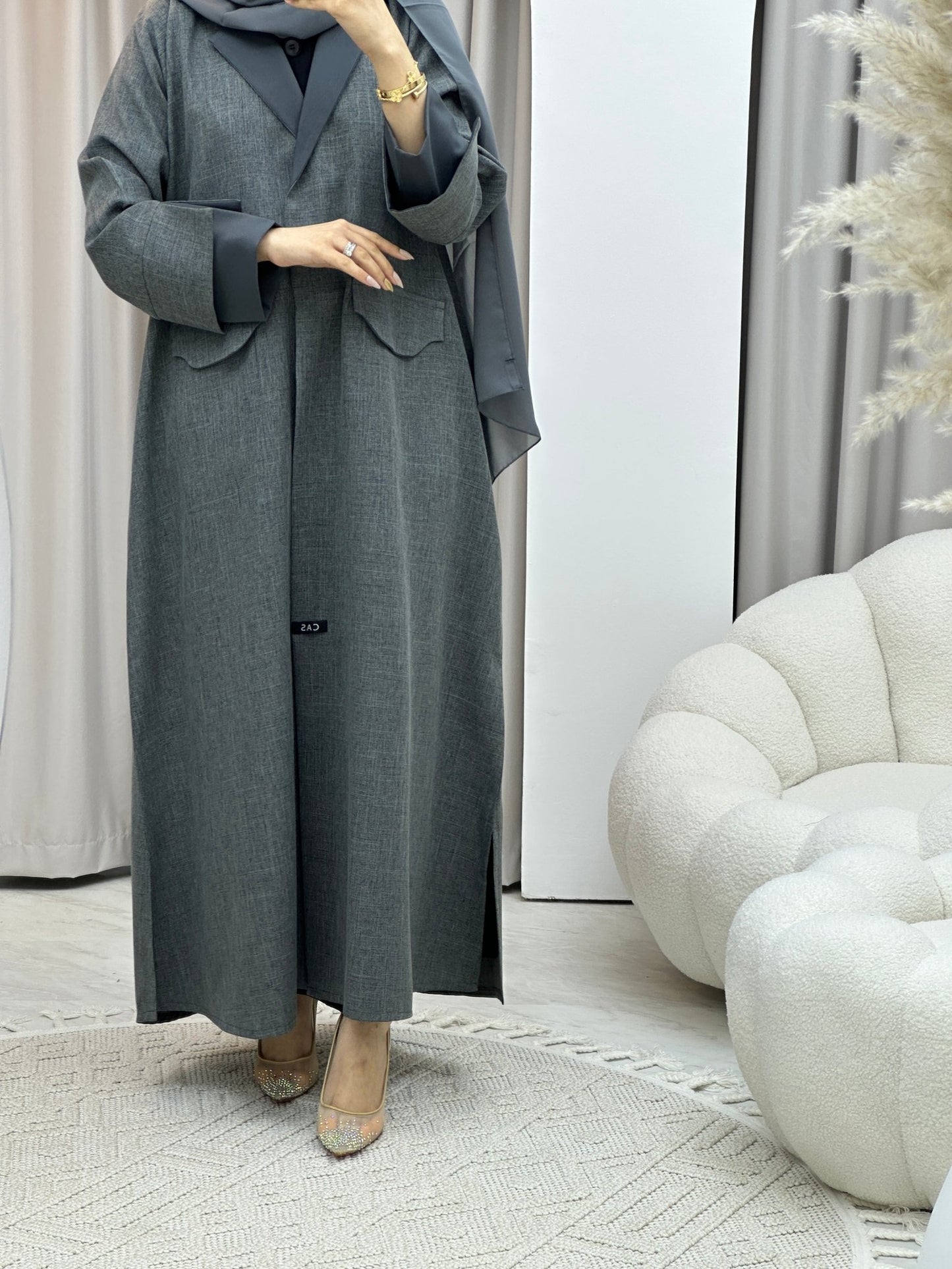 C Linen Grey Winter Coat Abaya