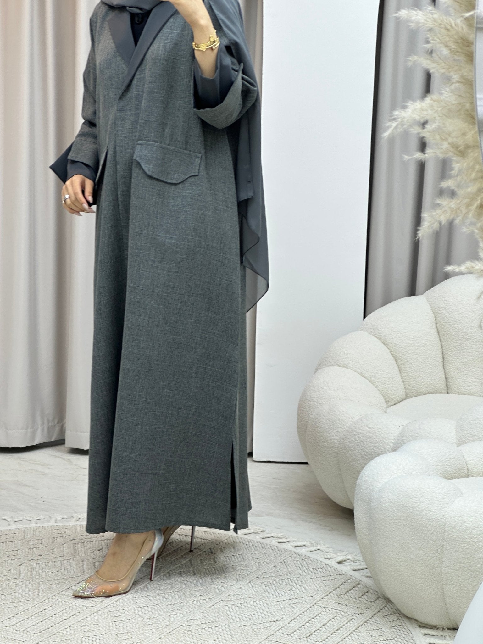 C Linen Grey Winter Coat Abaya