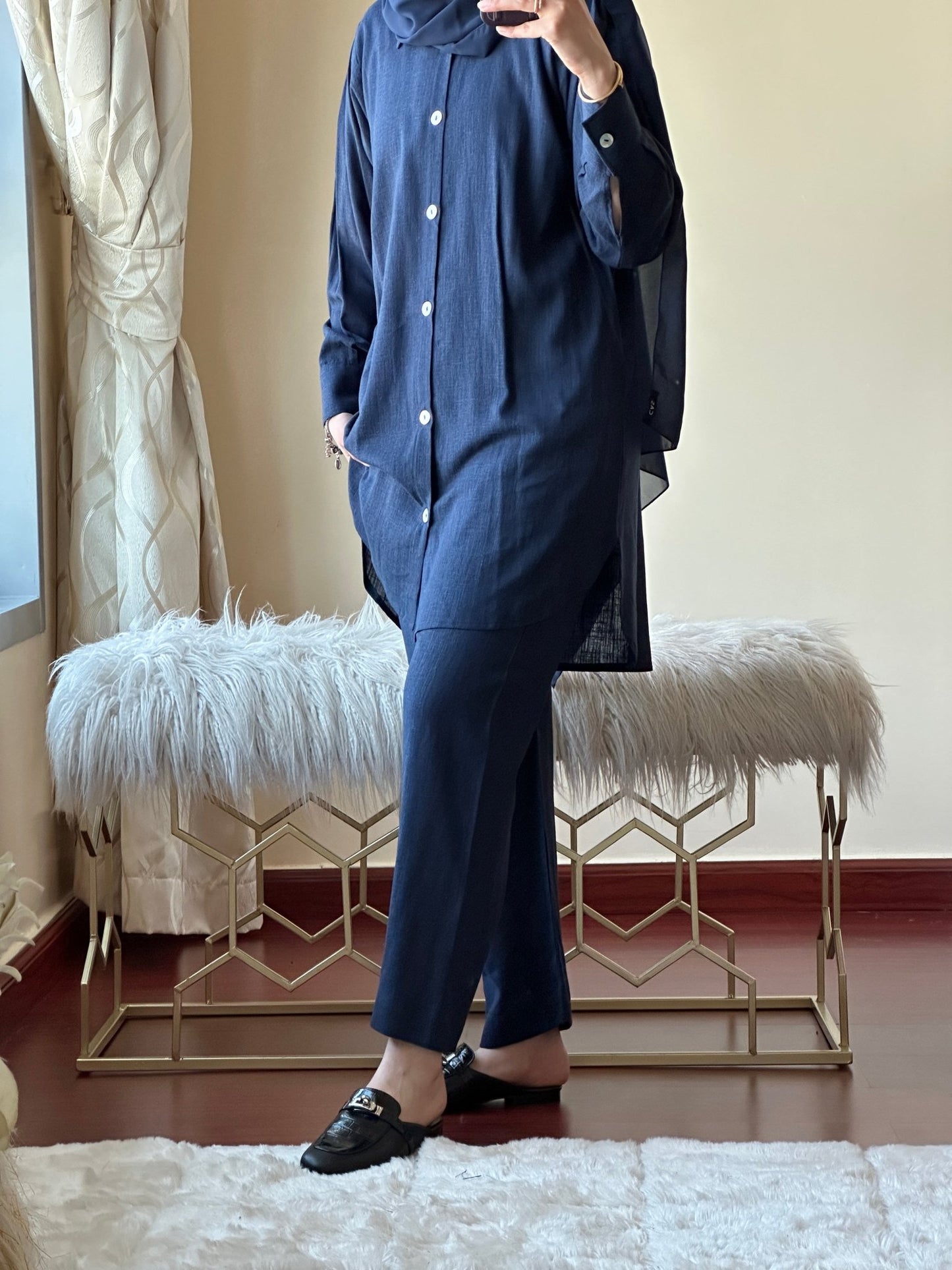 C - Navy Blue Summer Linen Travel Abaya Set