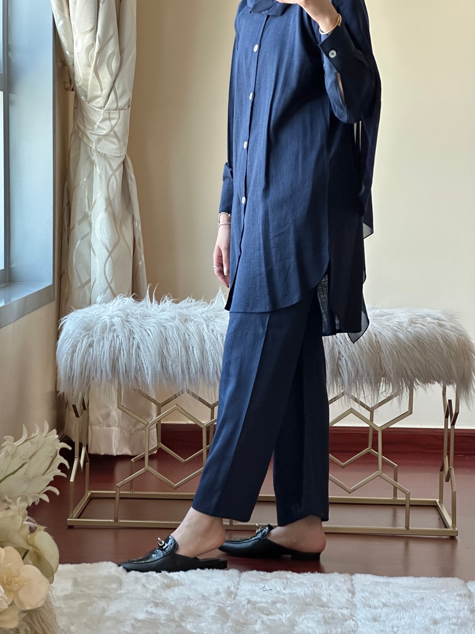 C - Navy Blue Summer Linen Travel Abaya Set