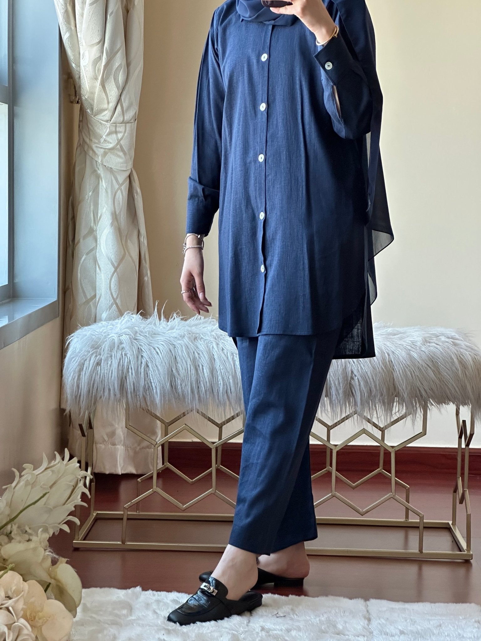 C - Navy Blue Summer Linen Travel Abaya Set