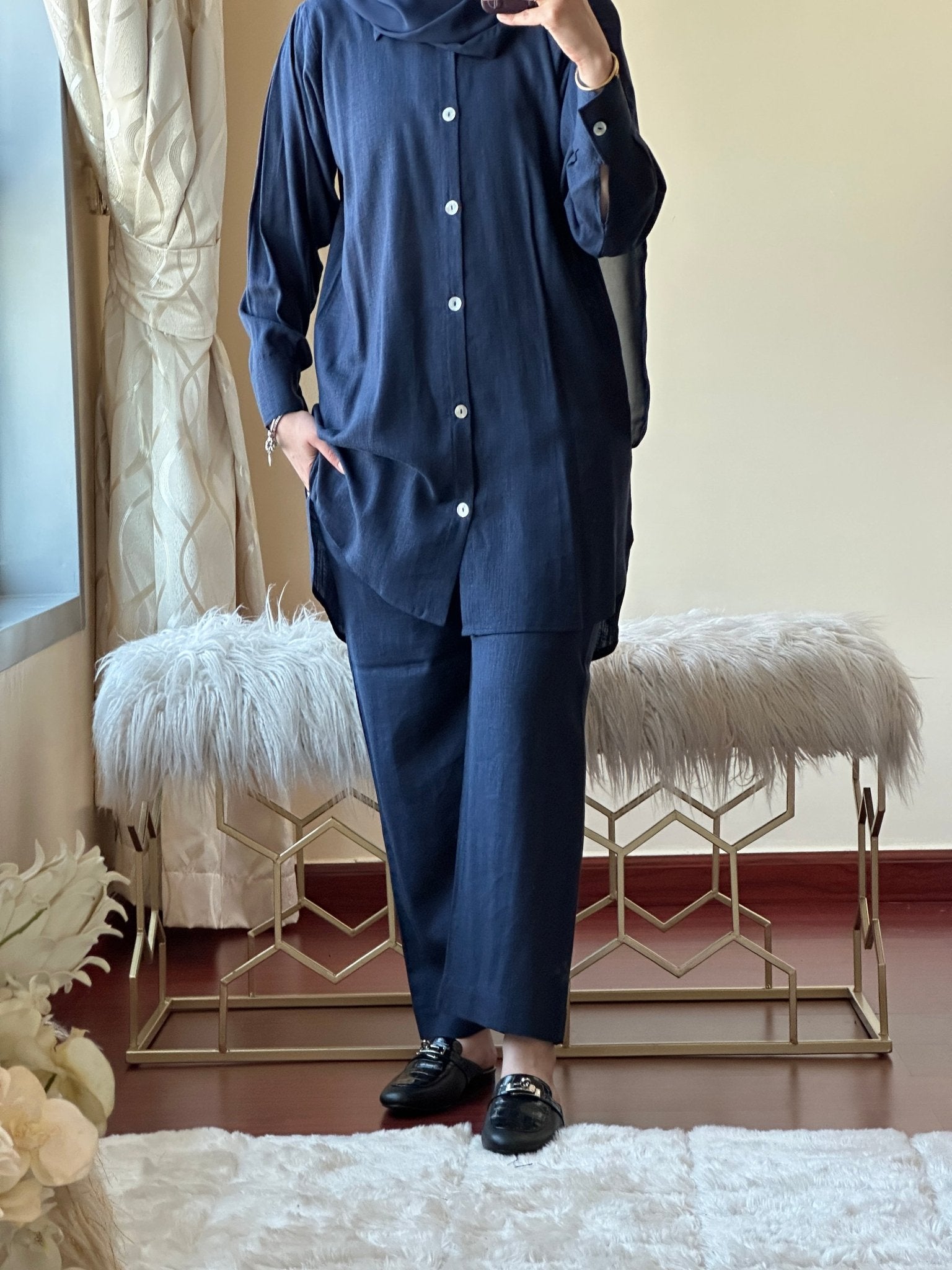 C - Navy Blue Summer Linen Travel Abaya Set