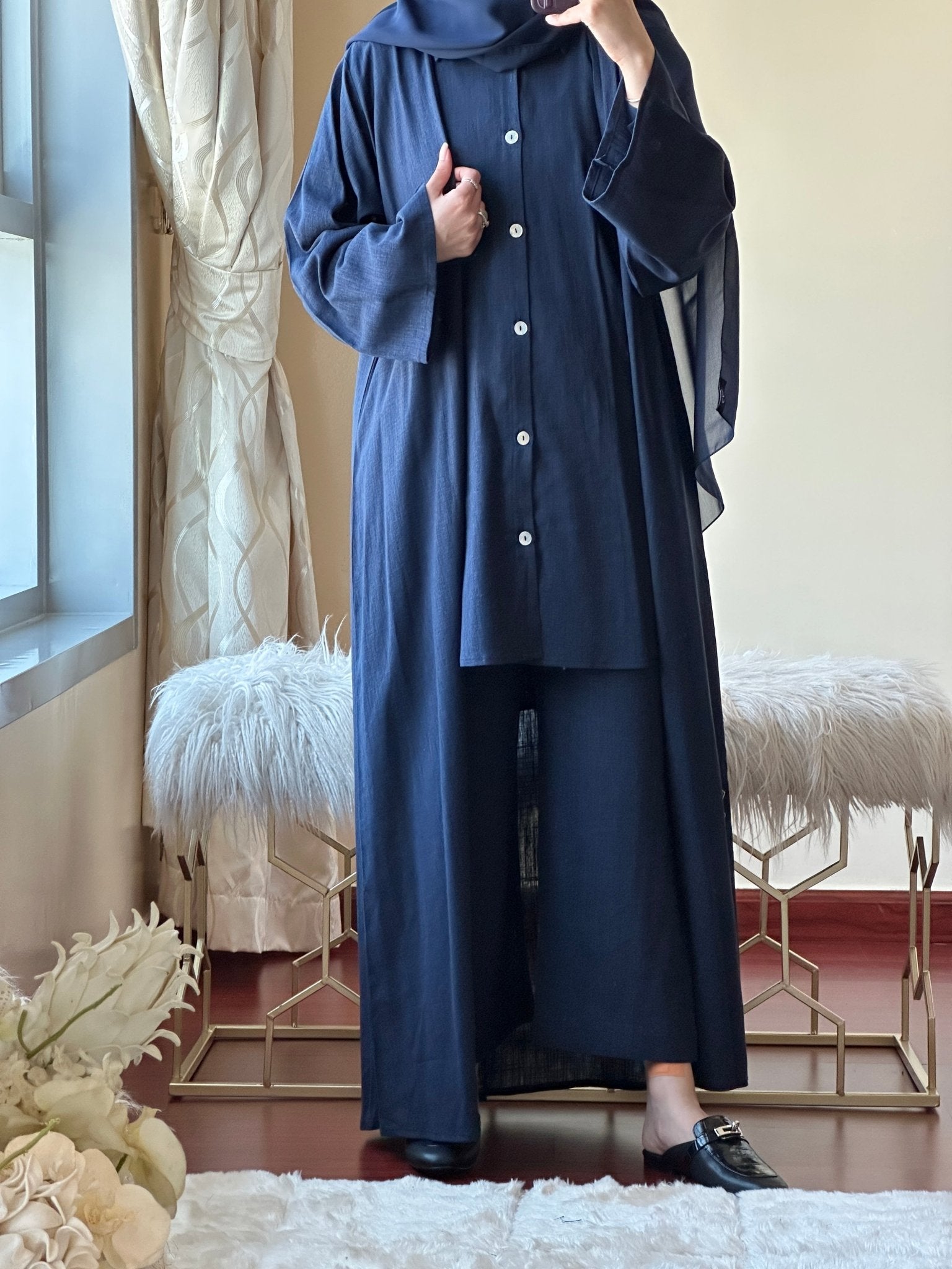 C - Navy Blue Summer Linen Travel Abaya Set