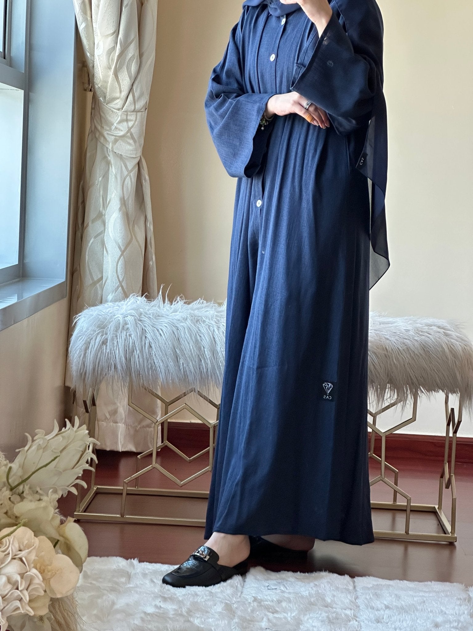 C - Navy Blue Summer Linen Travel Abaya Set