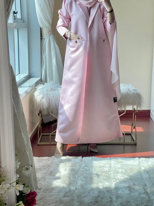 C - Pink - Satin - Coat - Abaya - Set