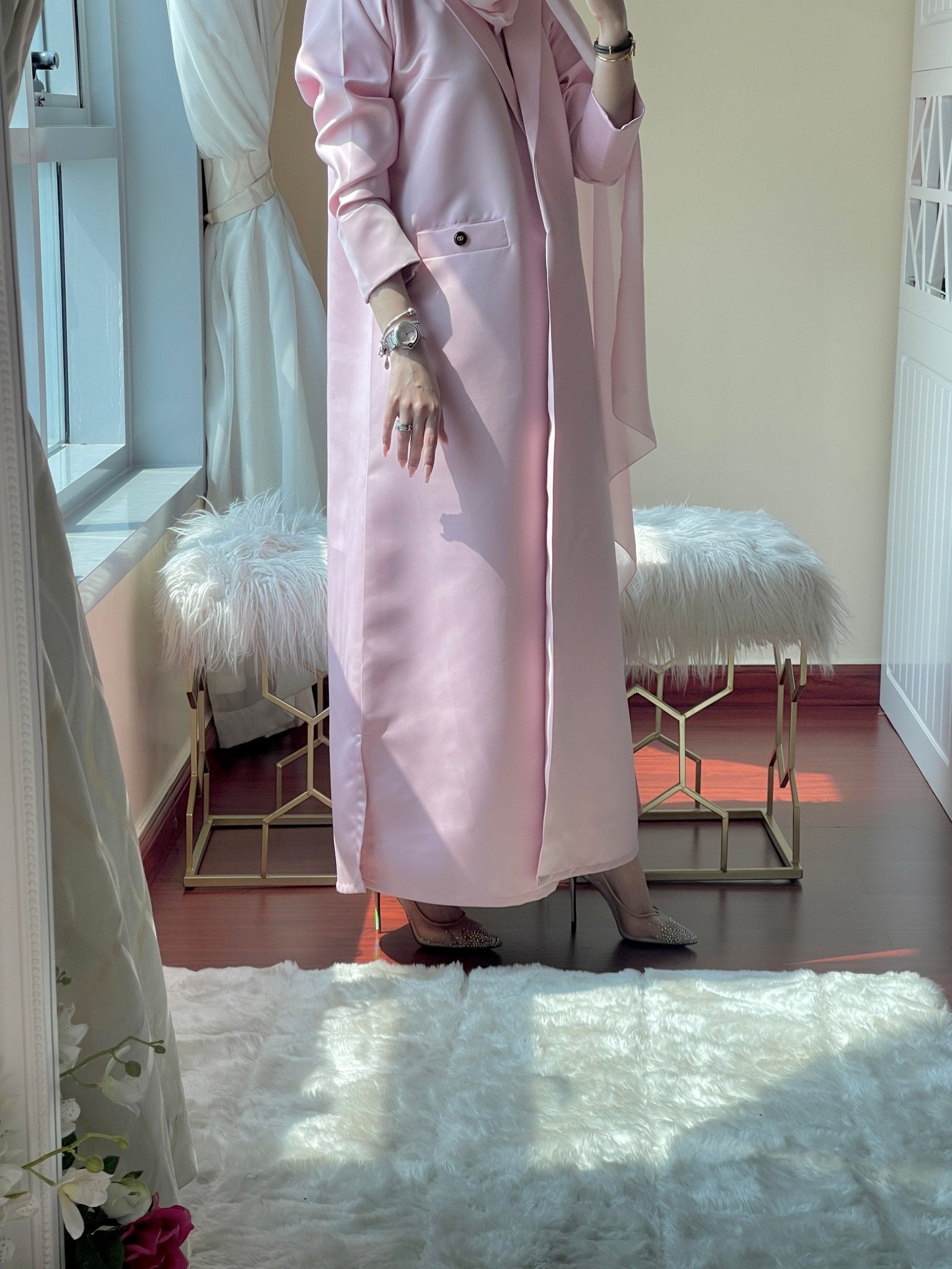 C - Pink - Satin - Coat - Abaya - Set