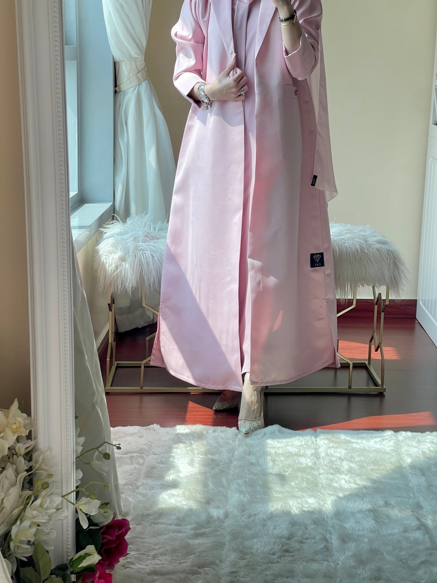 C - Pink - Satin - Coat - Abaya - Set